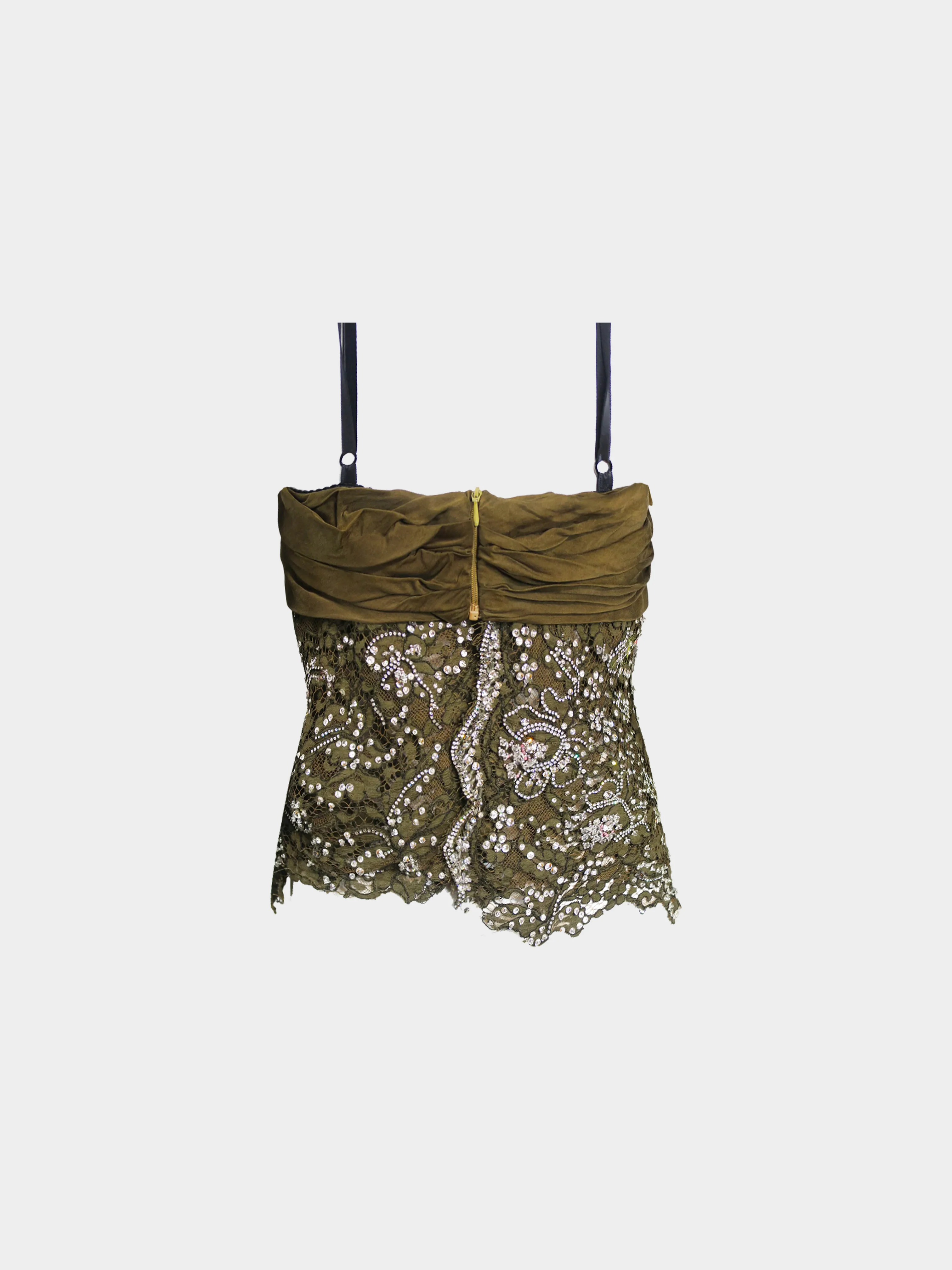 Dolce and Gabbana SS 2000 Army Green Lace and Rhinestones Bustier Top - Image 2