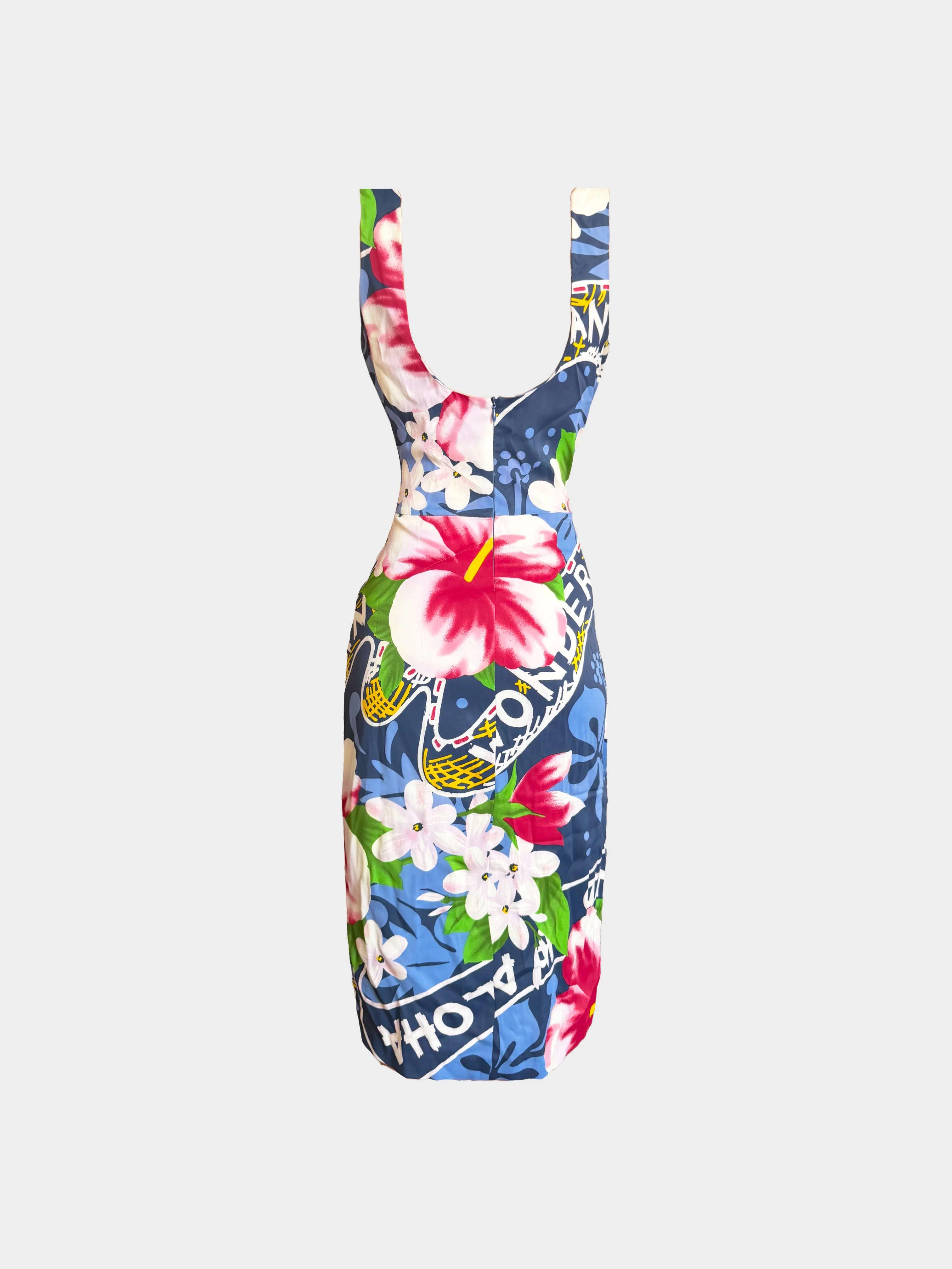 Dolce and Gabbana SS 2000 Runway Blue Viscose Hawaiian Hibiscus Print Dress - Image 2