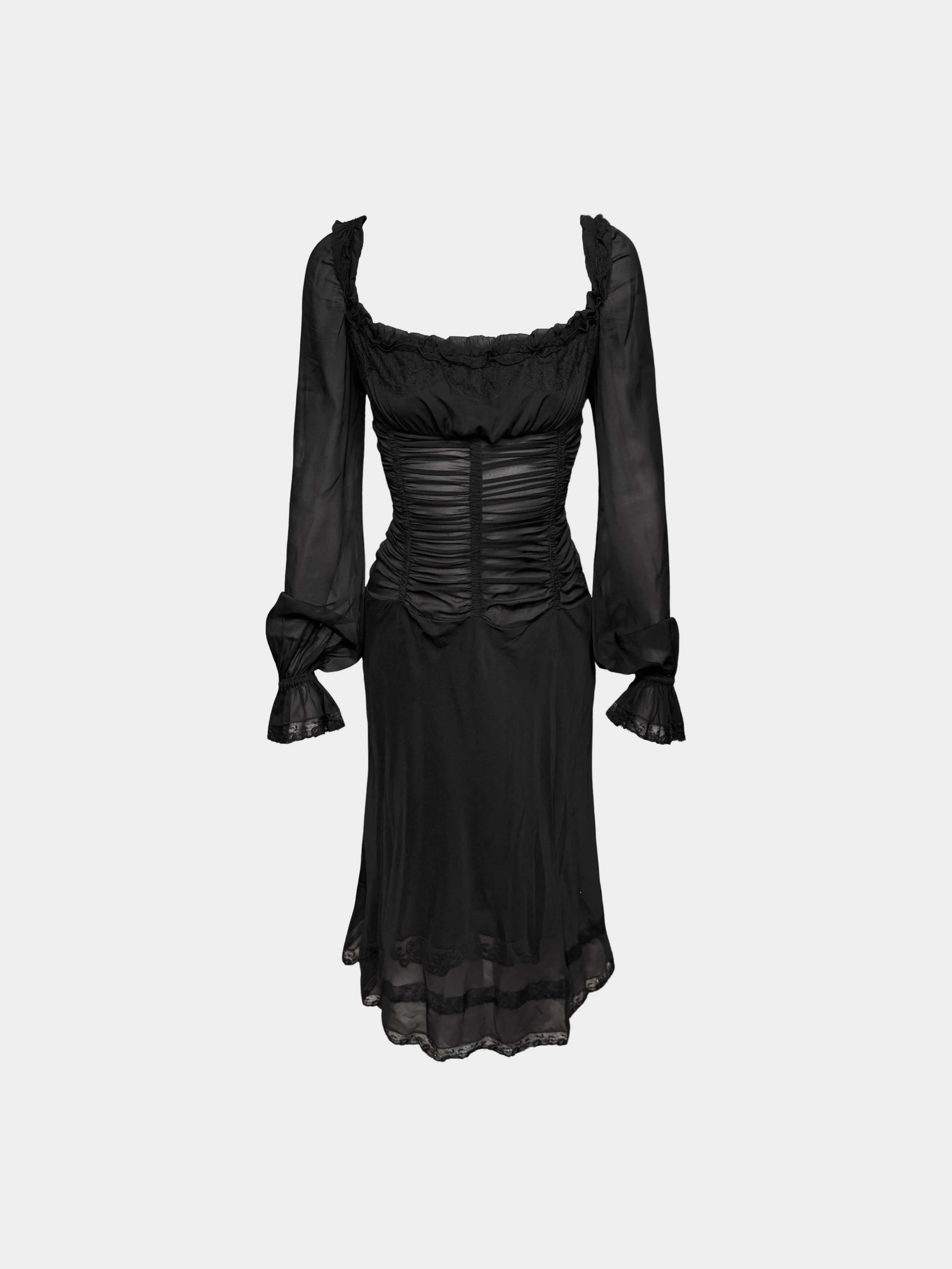 Dolce and Gabbana SS 2002 Black Silk Ruffled Long-Sleeved Runway Sample Dress
