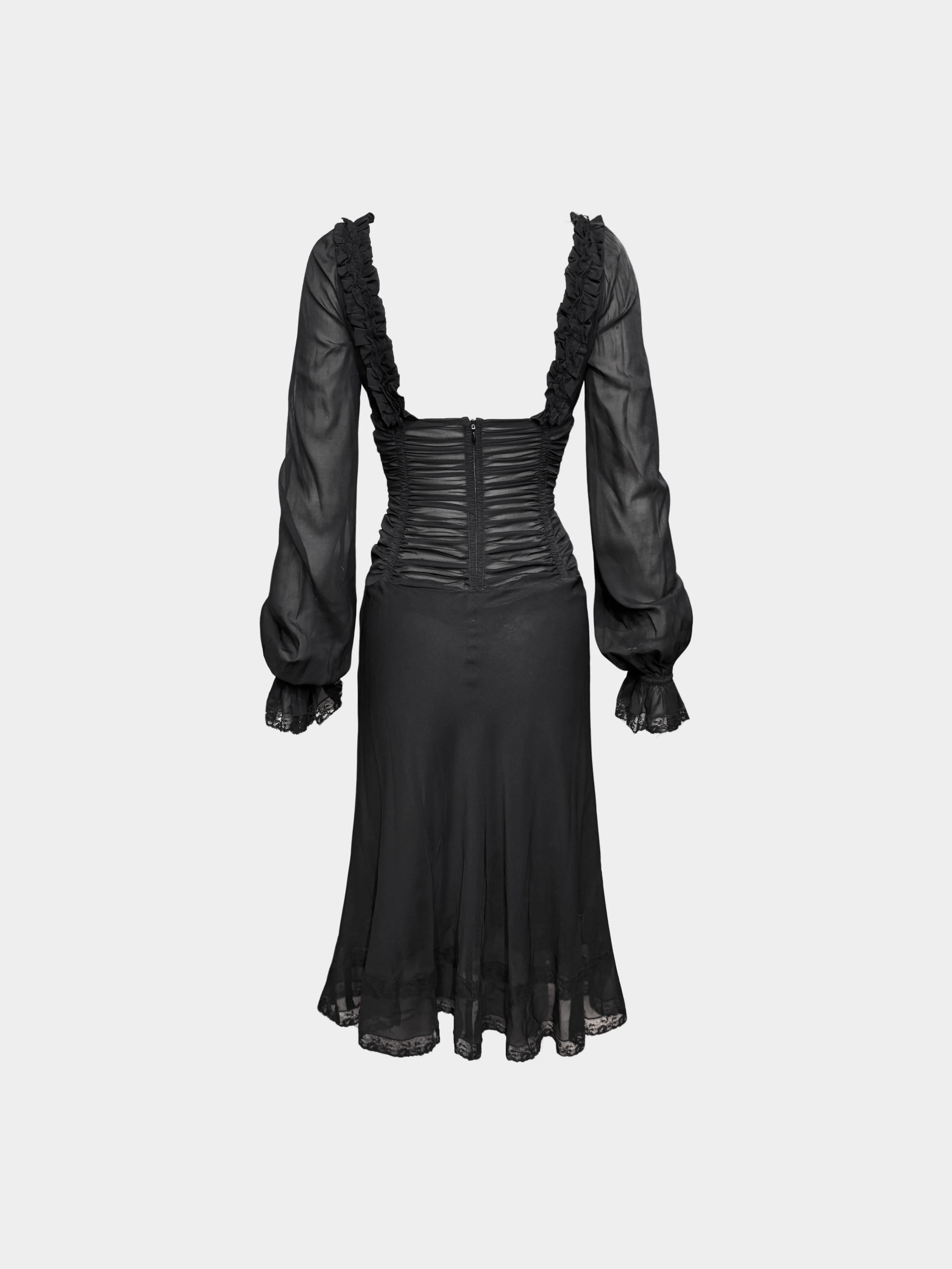 Dolce and Gabbana SS 2002 Black Silk Ruffled Long-Sleeved Runway Sample Dress - Image 2