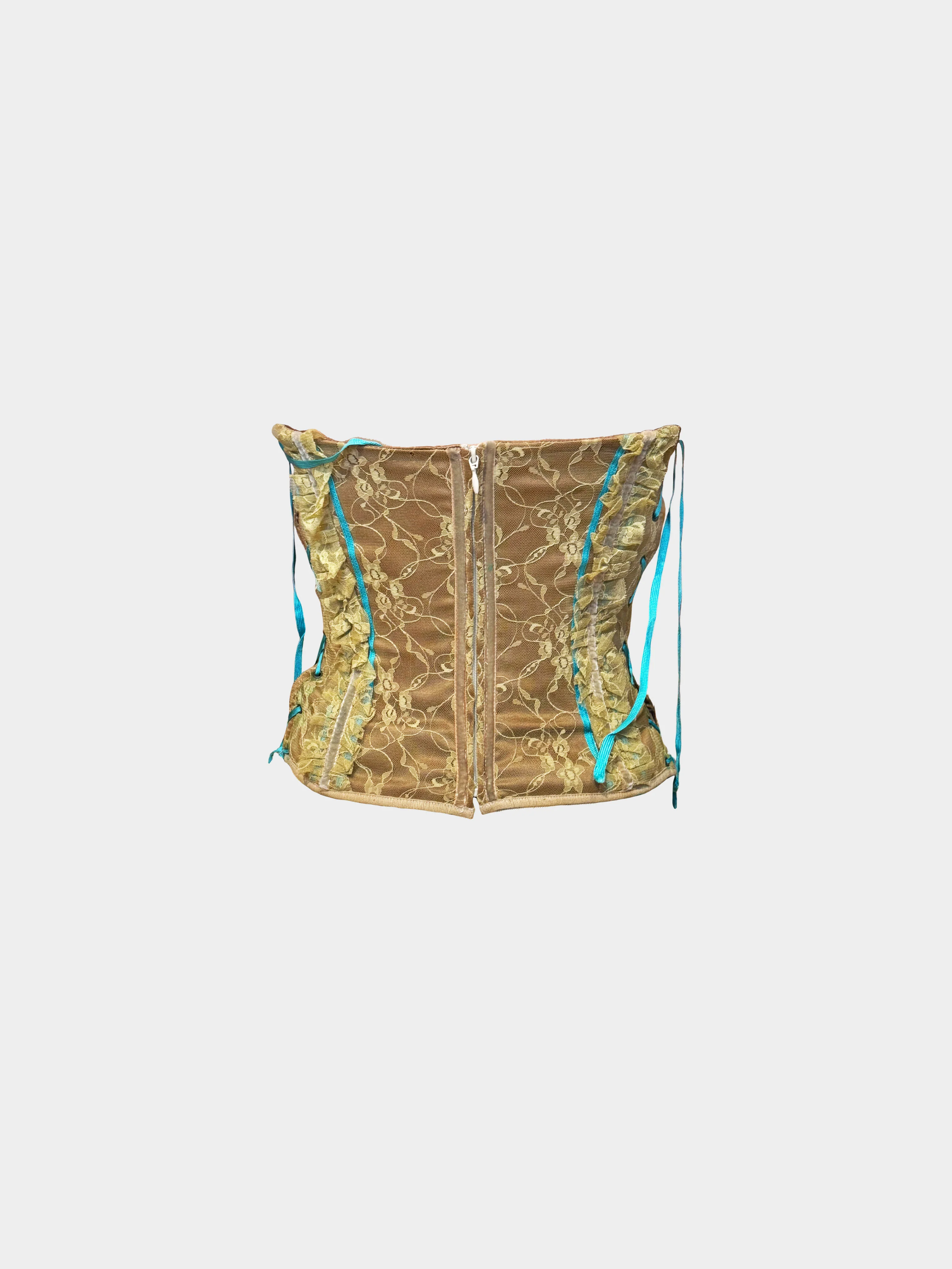 Dolce and Gabbana SS 2002 Runway Brown and Turquoise Lace Corset Top - Image 2