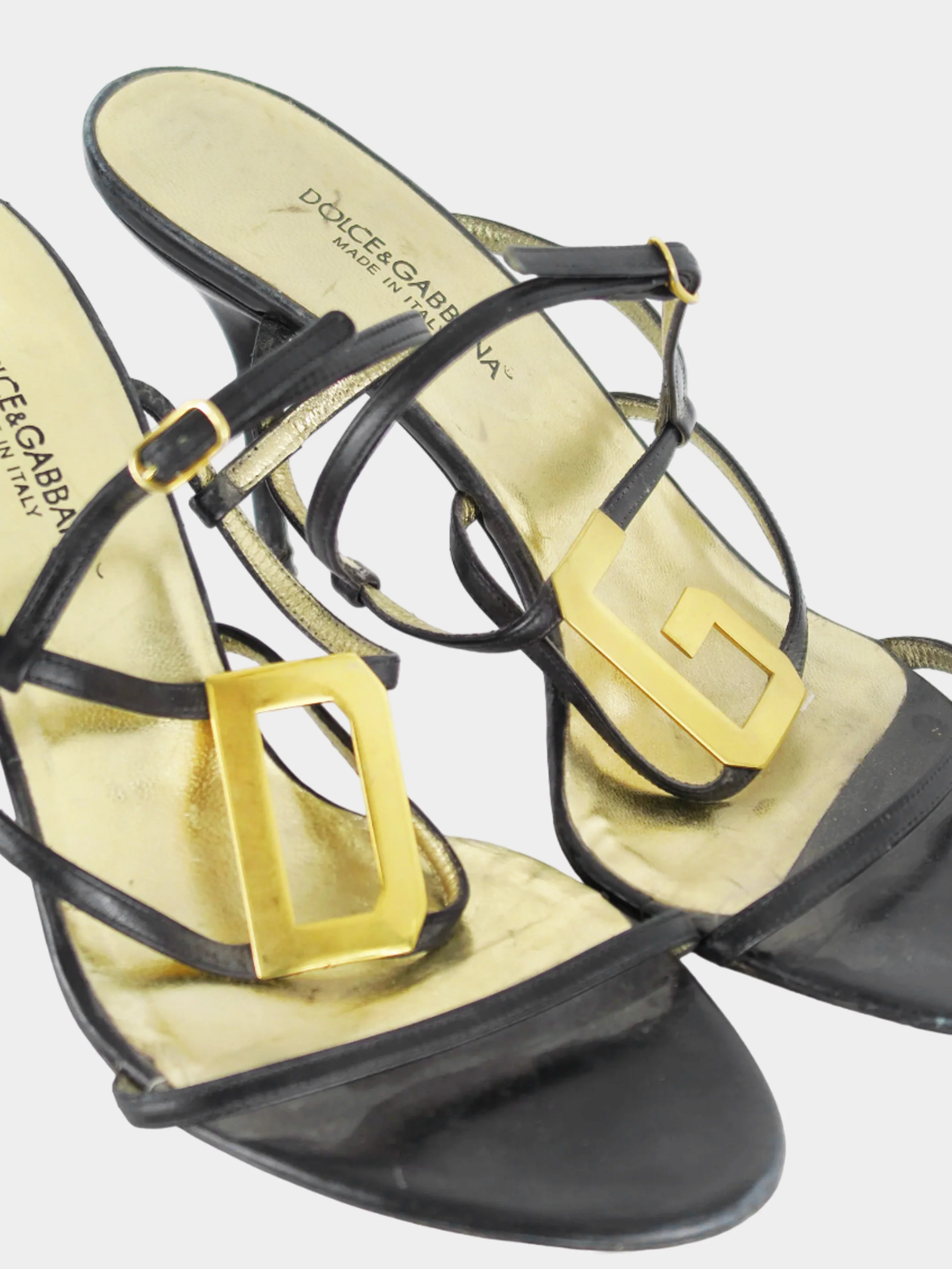Dolce and Gabbana SS 2003 Black and Gold Strappy Heels - Image 3