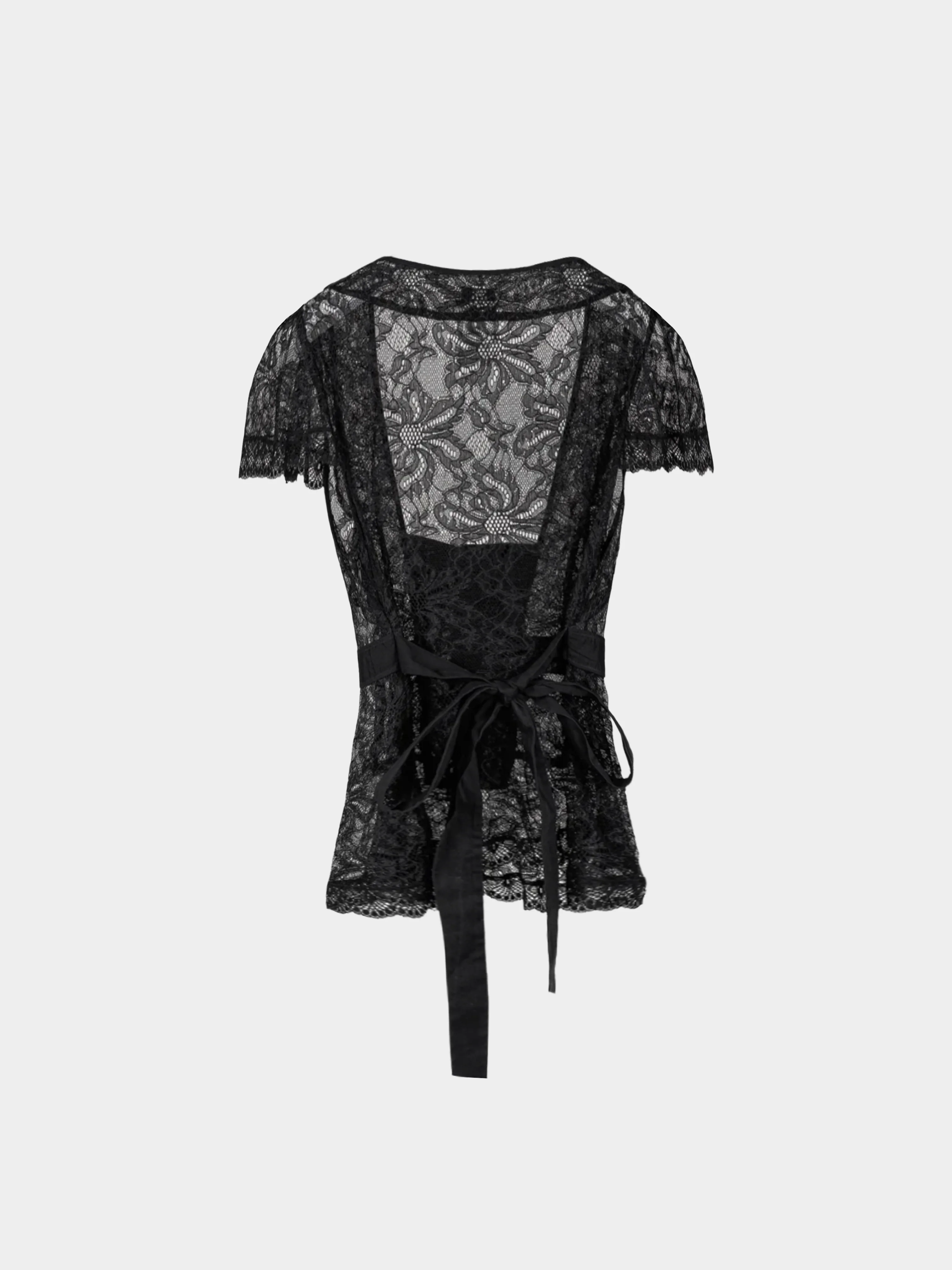 Dolce & Gabbana 2000s Black Lace Flutter-Sleeve Tie-Waist Blouse - Image 2
