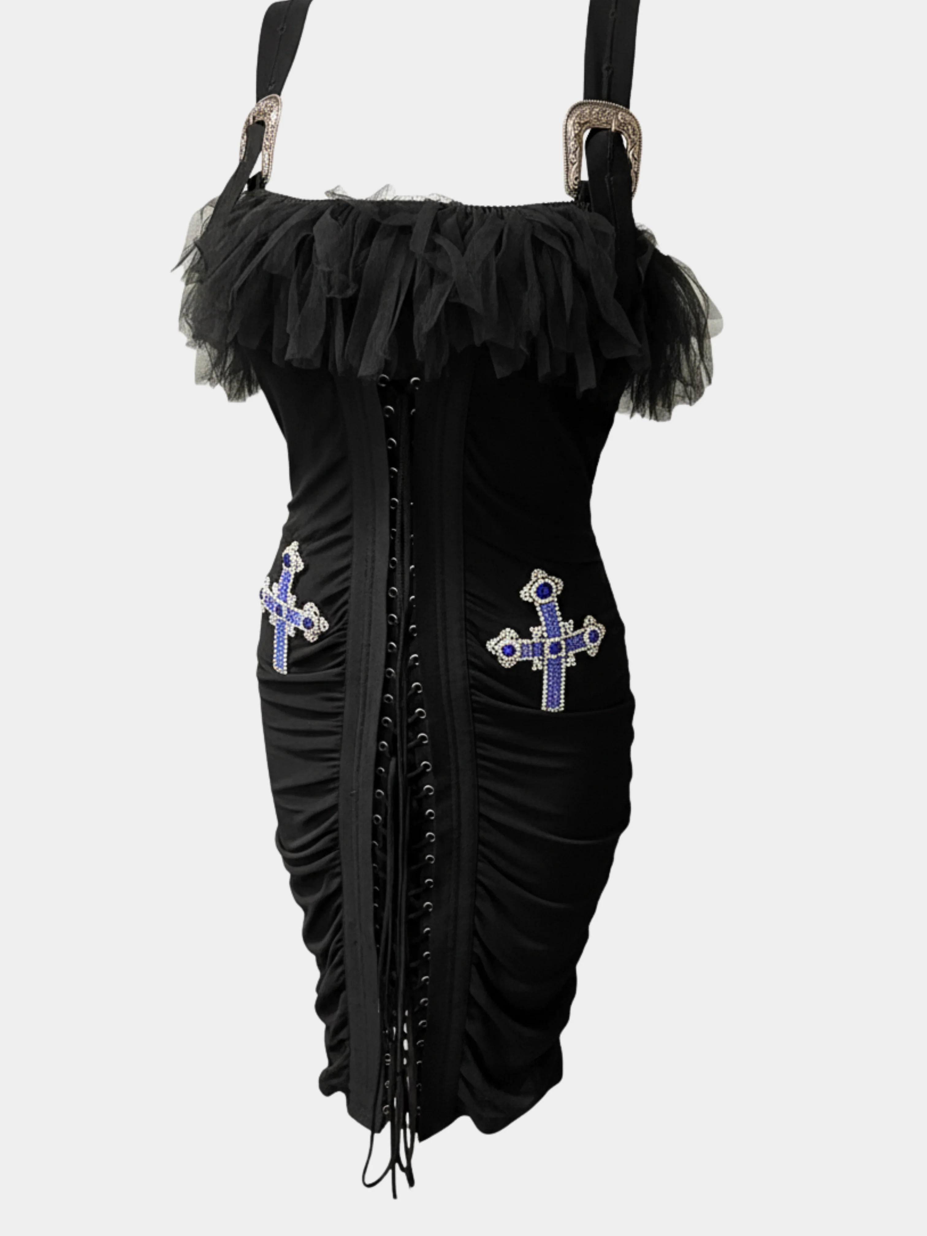 Dolce and Gabbana 2000s Black Rayon Lace-Up Cross Embellished Dress - Image 4