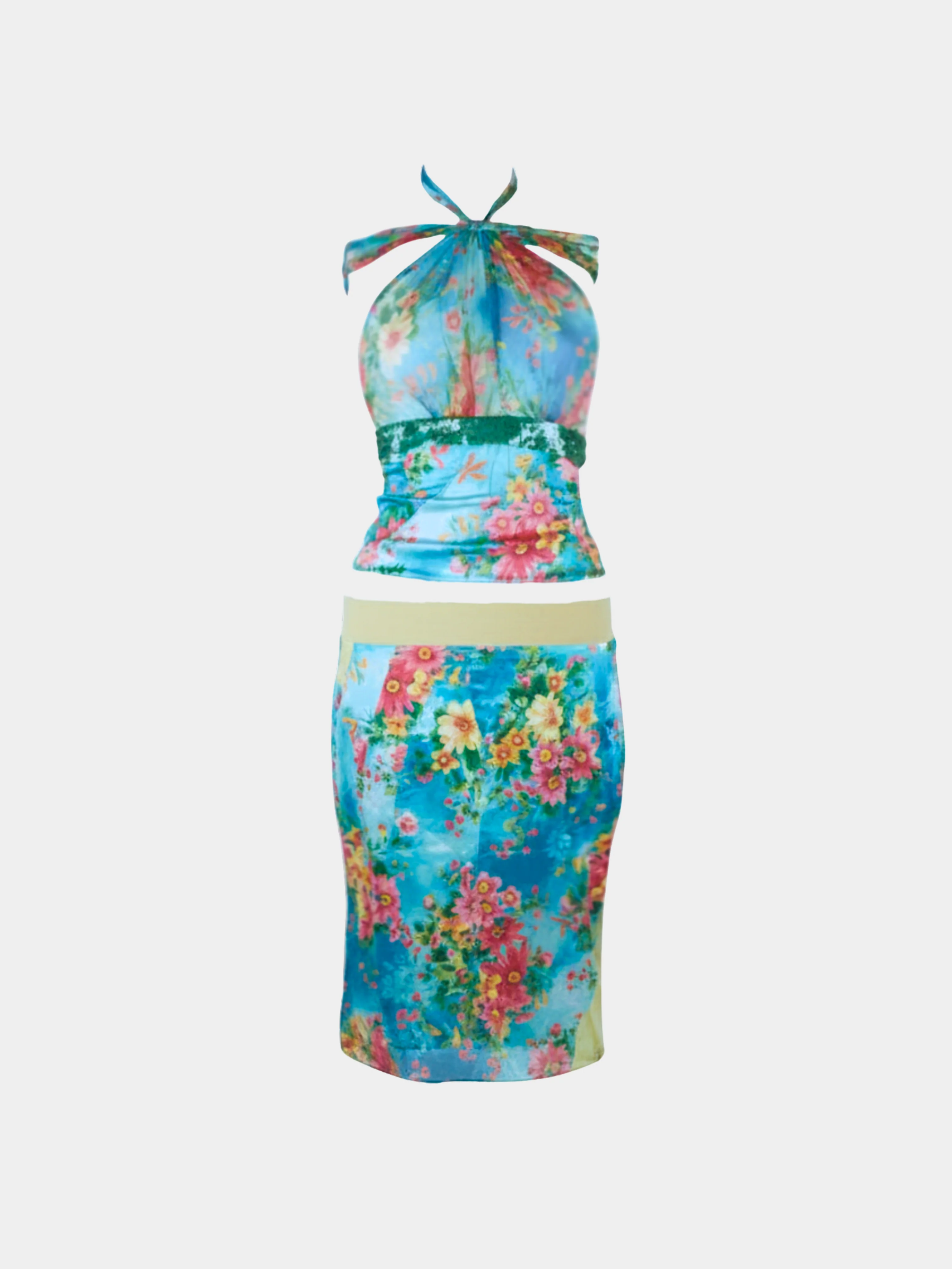 Dolce & Gabbana 2000s Blue Floral Halter Top & Skirt Set