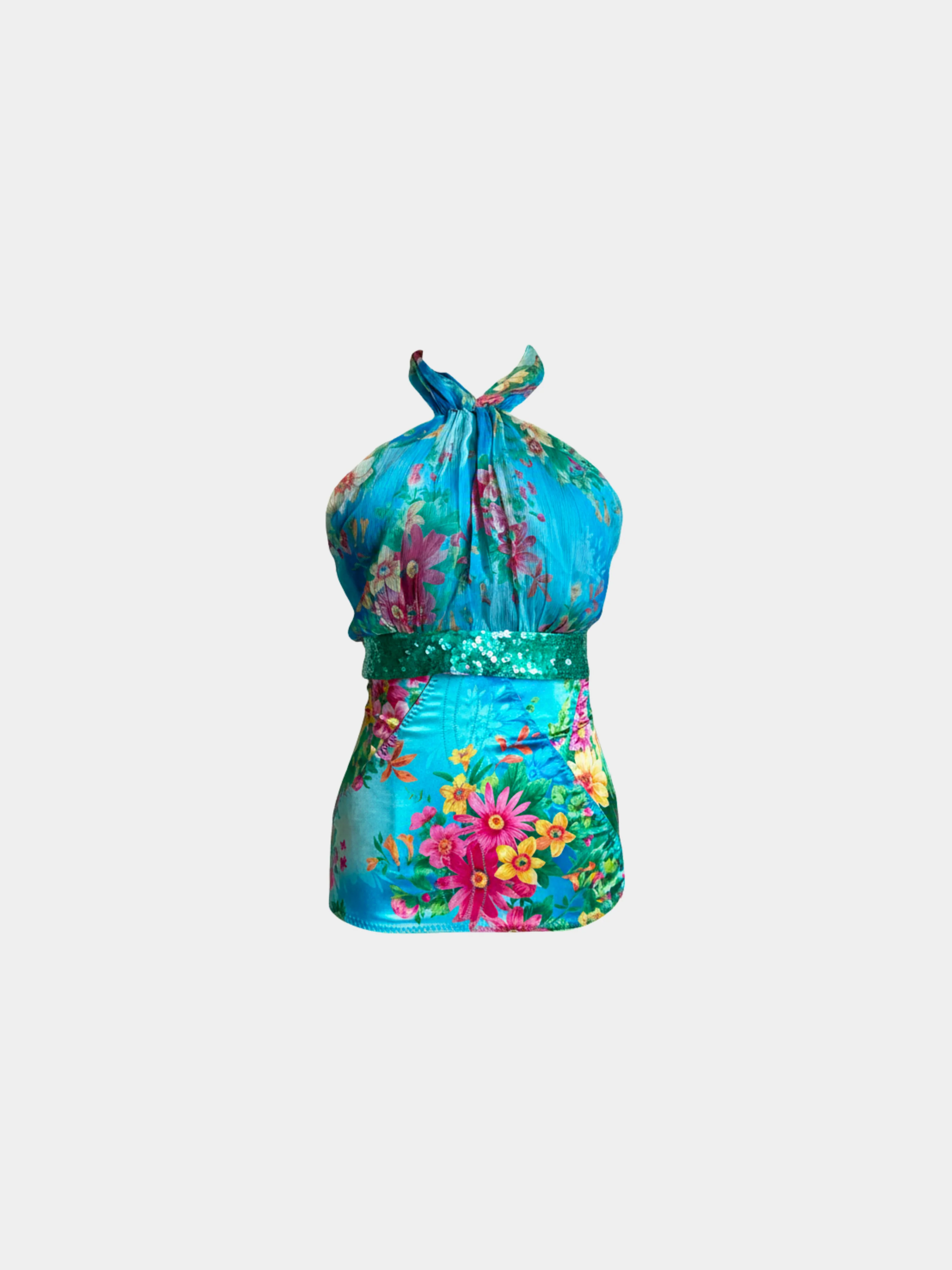 Dolce & Gabbana 2000s Blue Floral Halter Top & Skirt Set - Image 3