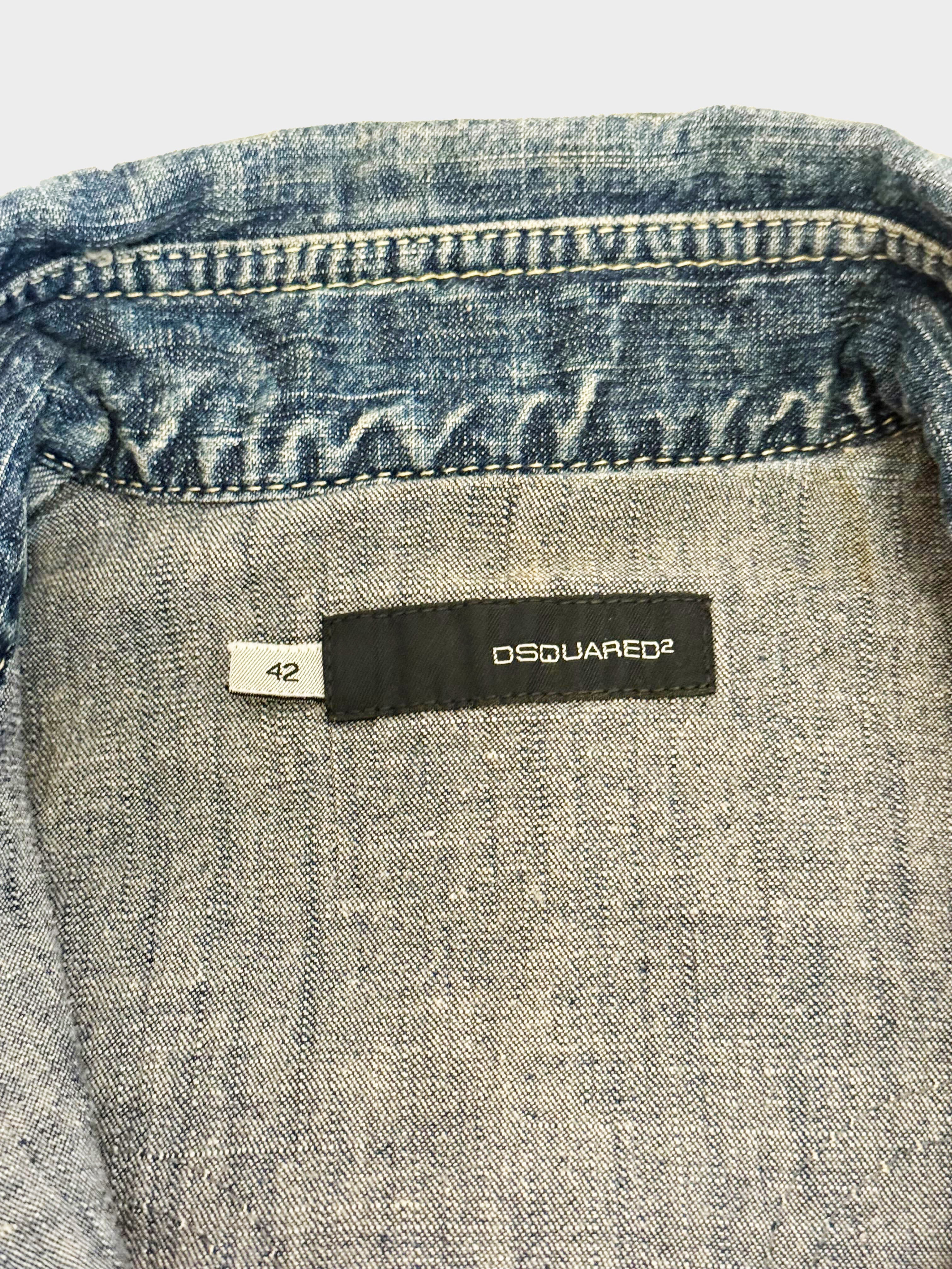Dsquared2 SS 2006 Denim and Brown Leather Trim Button-down Short Sleeve Top - Image 3