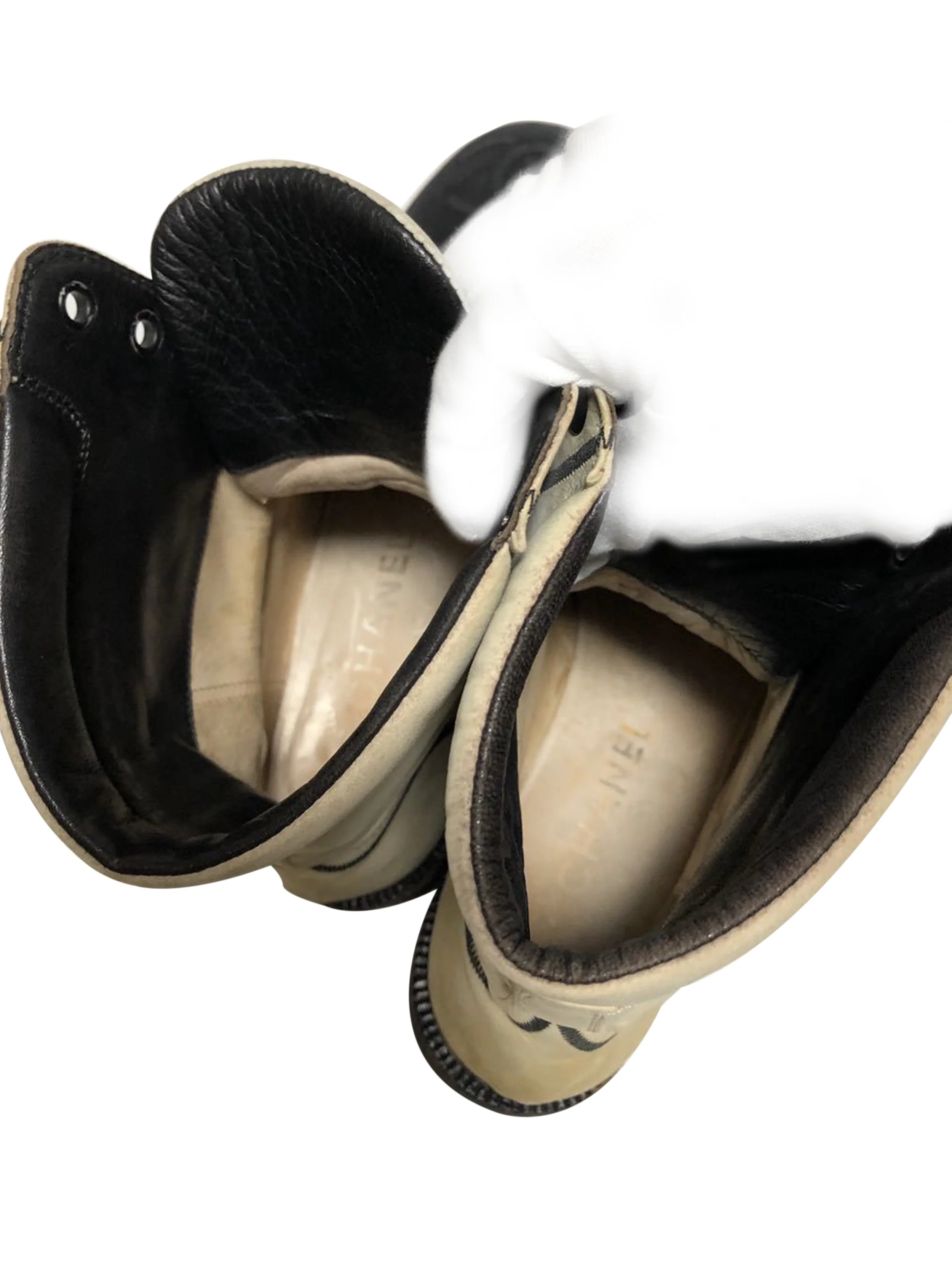 Chanel White and Black Leather Lace-up Boots - Image 6