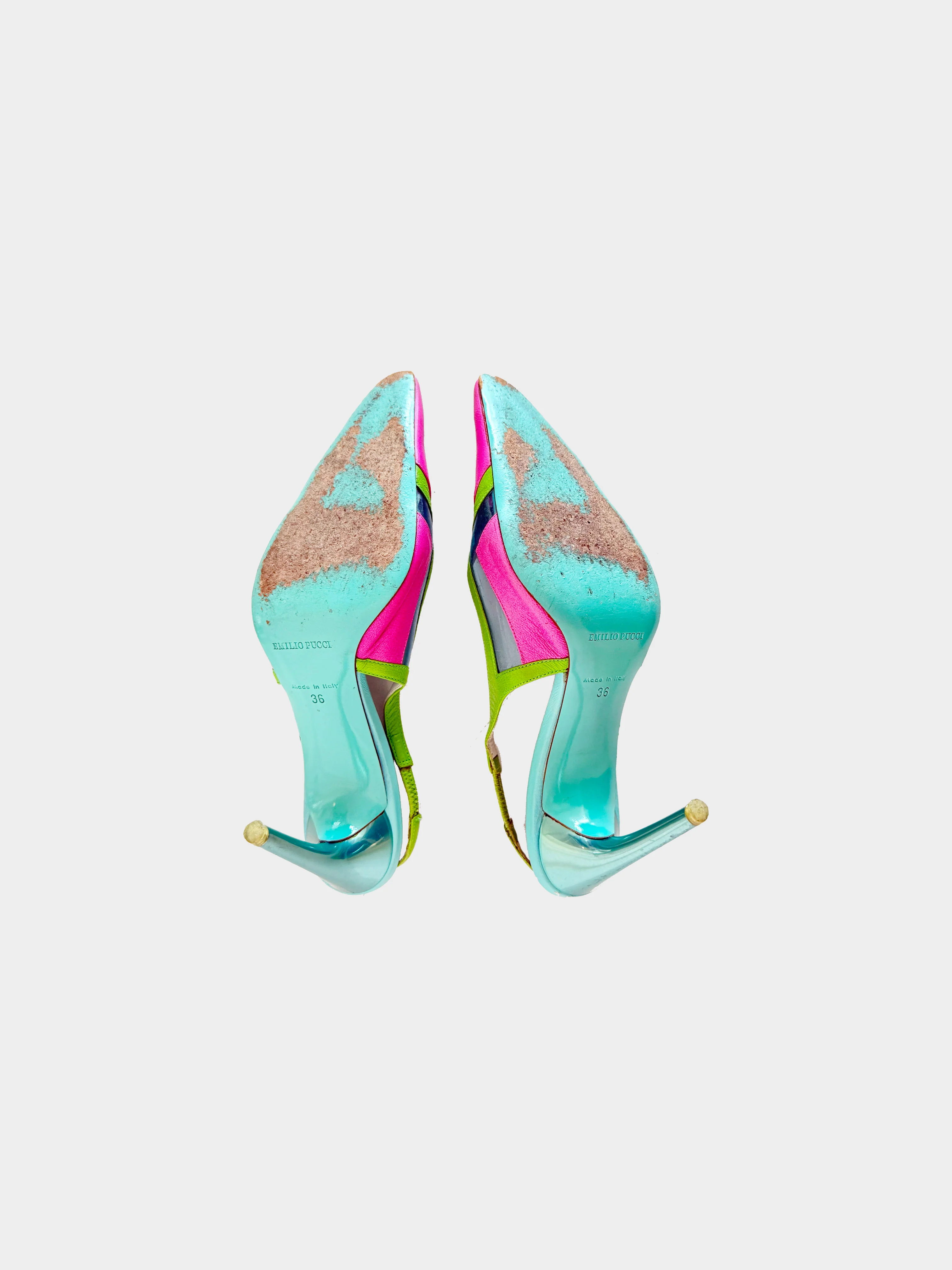 Emilio Pucci 2000s Pink, Green, and Blue Leather Color Block Slingback Heels - Image 6