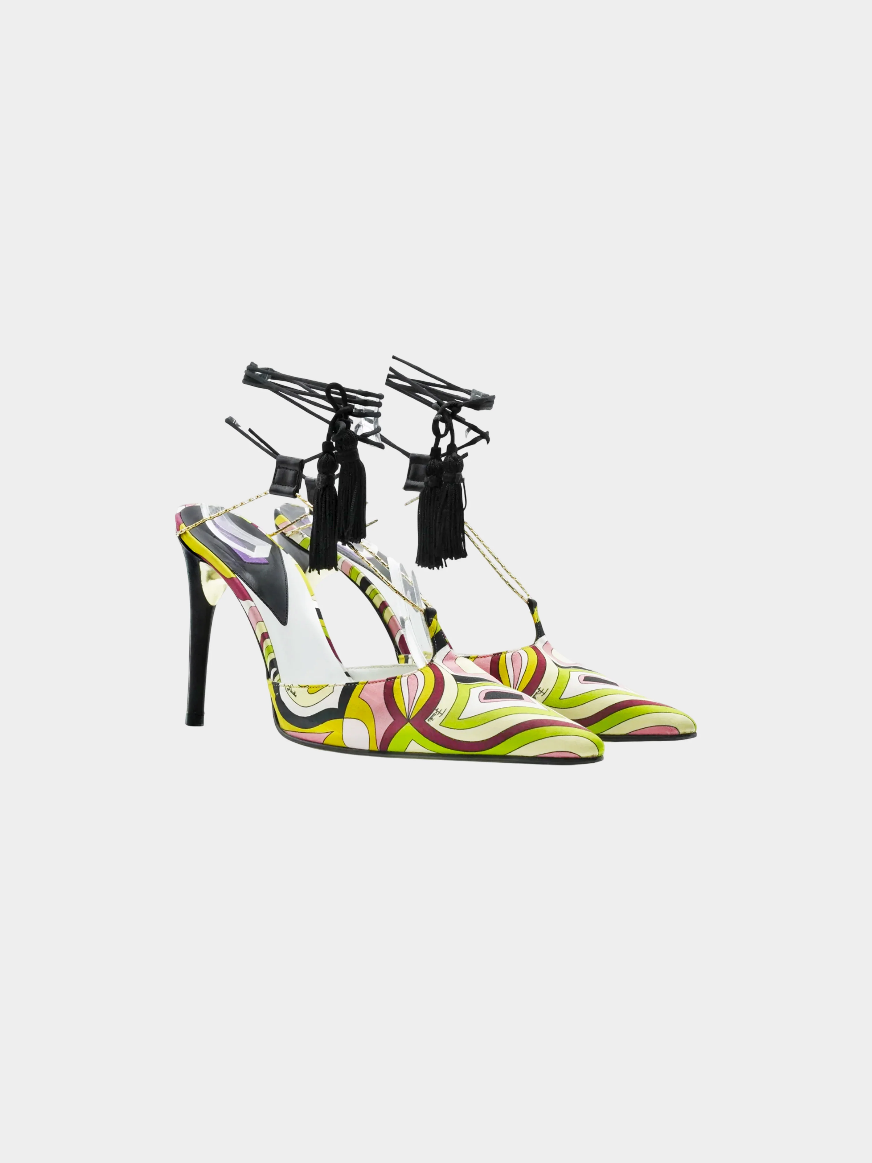 Emilio Pucci 2000s Silk Geometric Pattern Print Heels with Black Tassels - Image 2