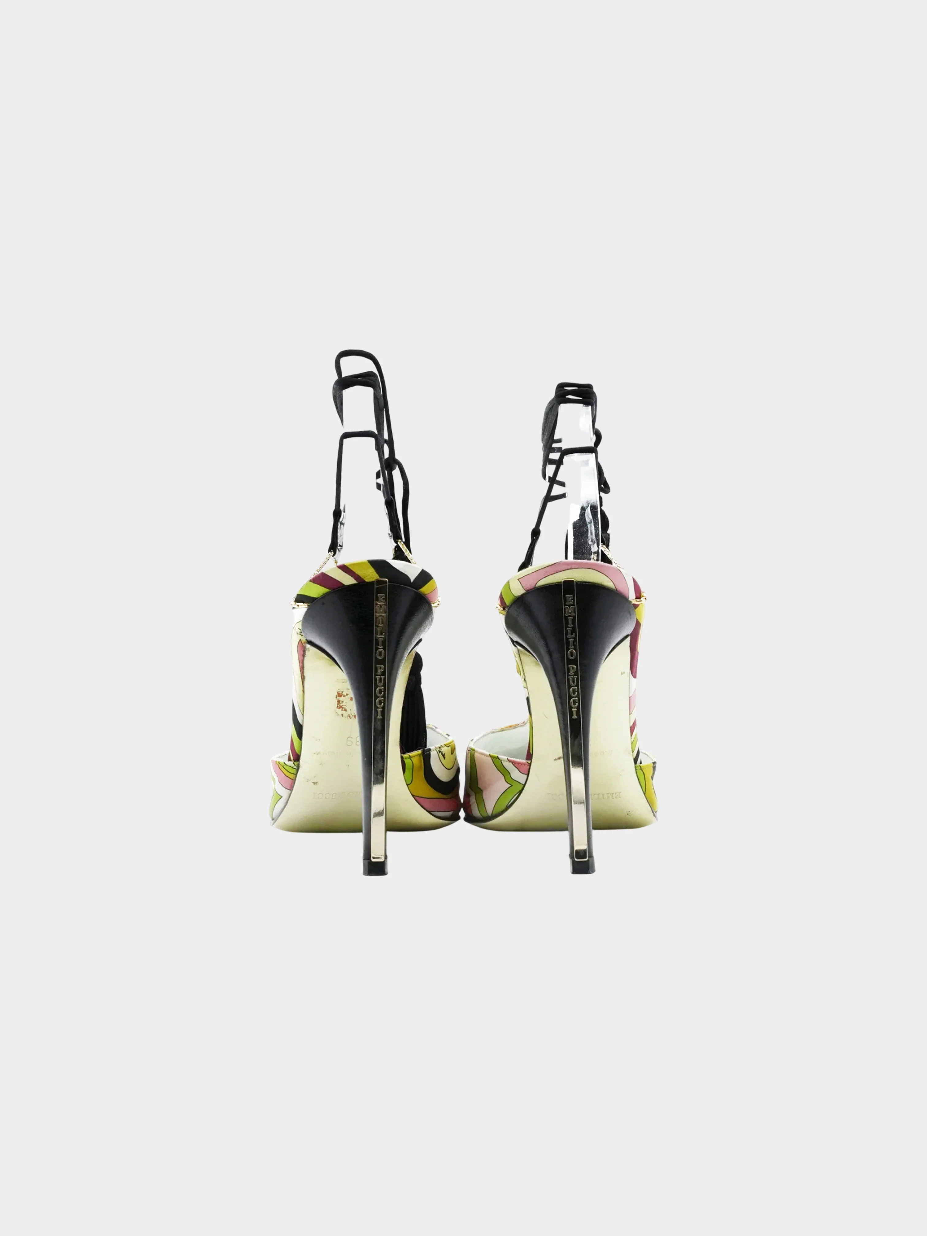Emilio Pucci 2000s Silk Geometric Pattern Print Heels with Black Tassels - Image 4