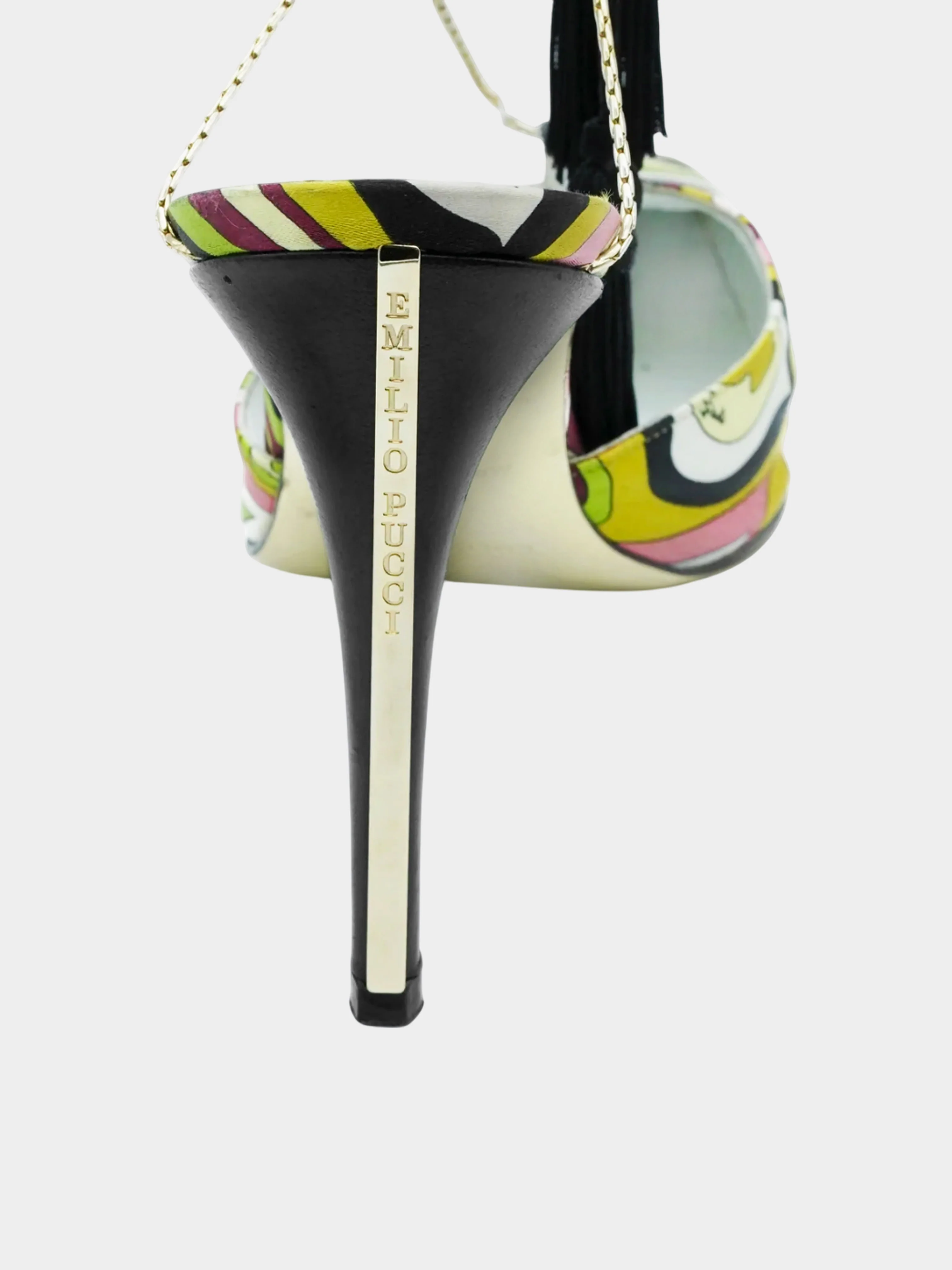Emilio Pucci 2000s Silk Geometric Pattern Print Heels with Black Tassels - Image 5