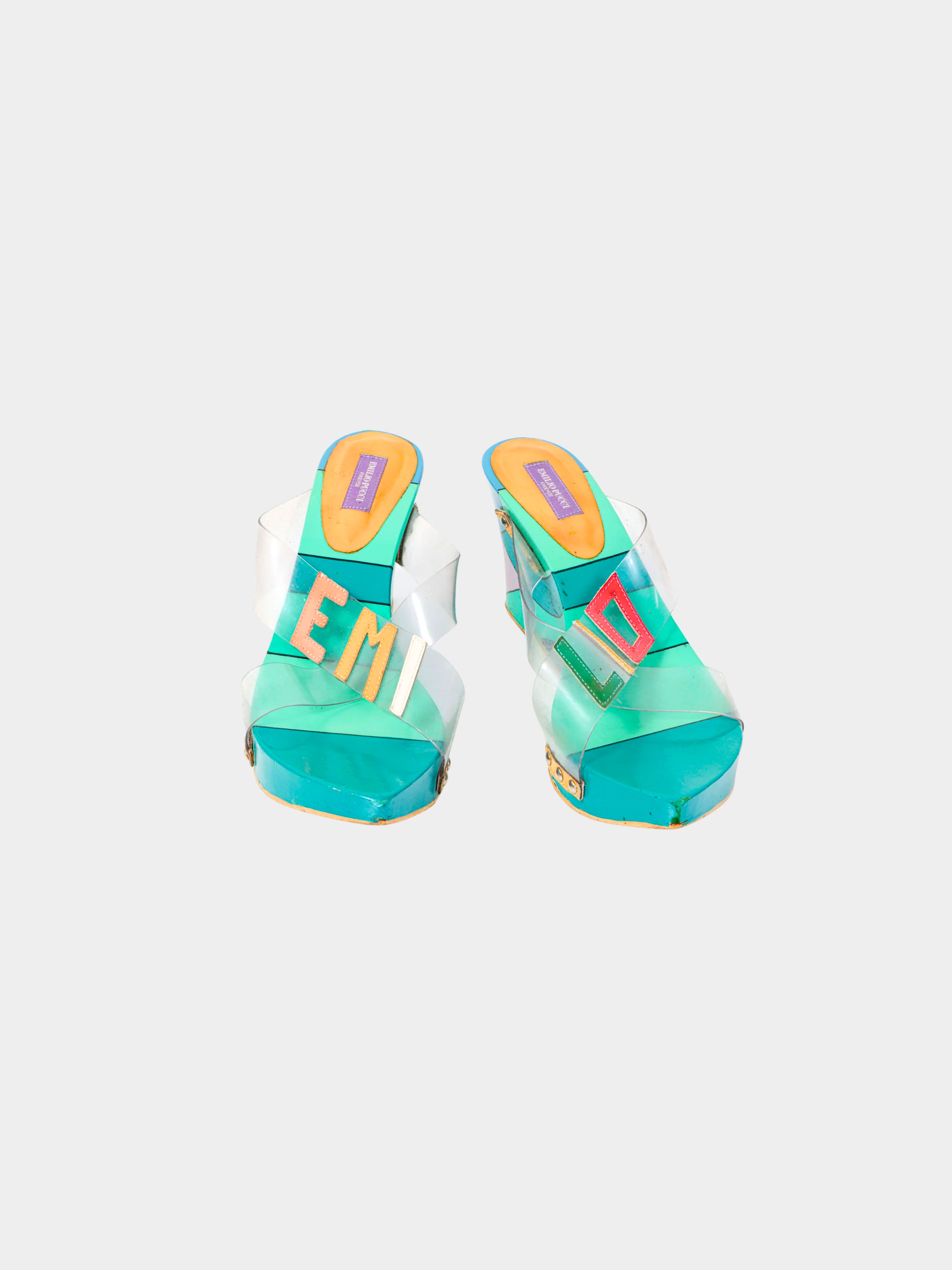 Emilio Pucci 2000s Teal Abstract Platform Wedge Clog Sandals - Image 2