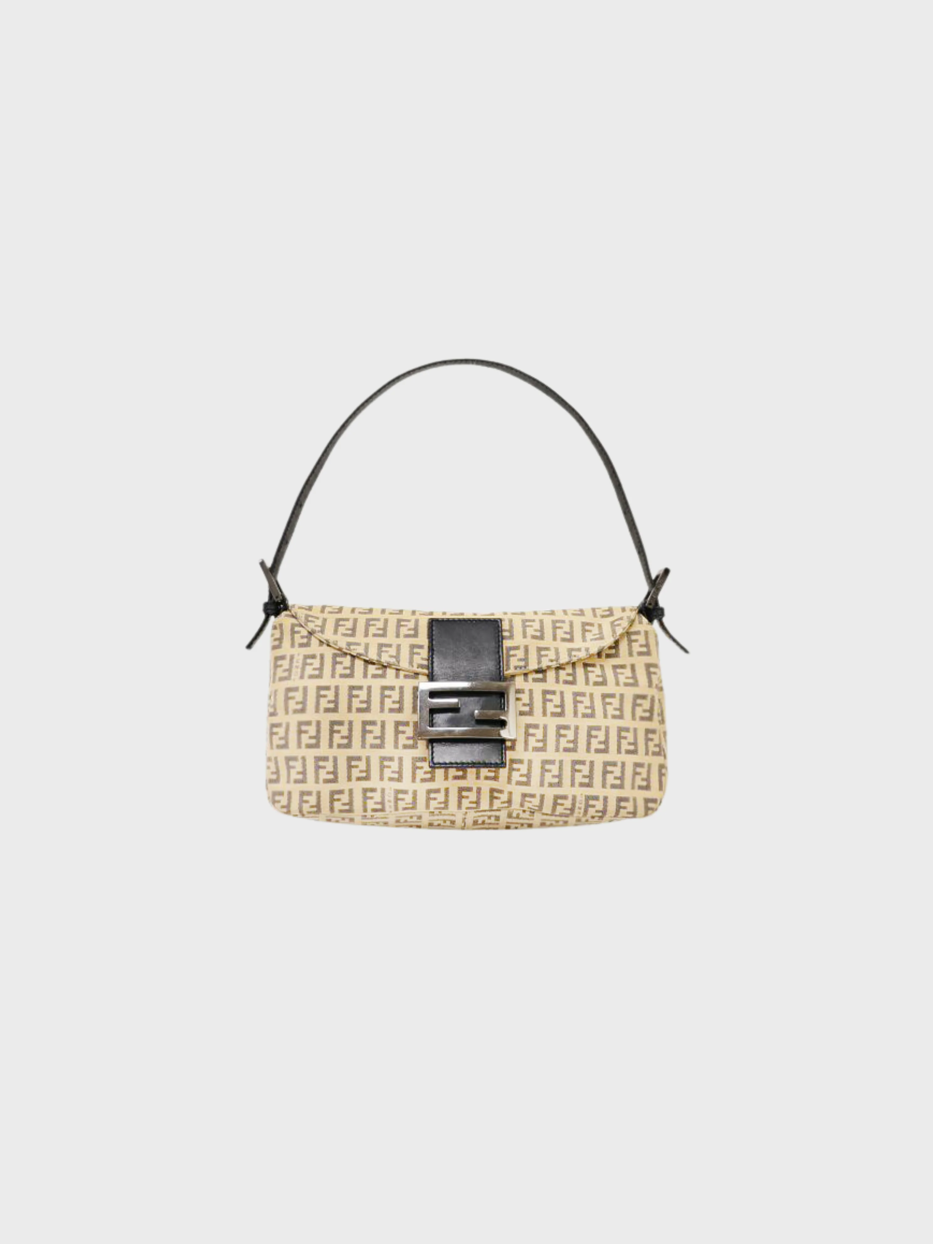 Fendi 2000 Black Beige Zucchino Canvas Leather Mamma Baguette