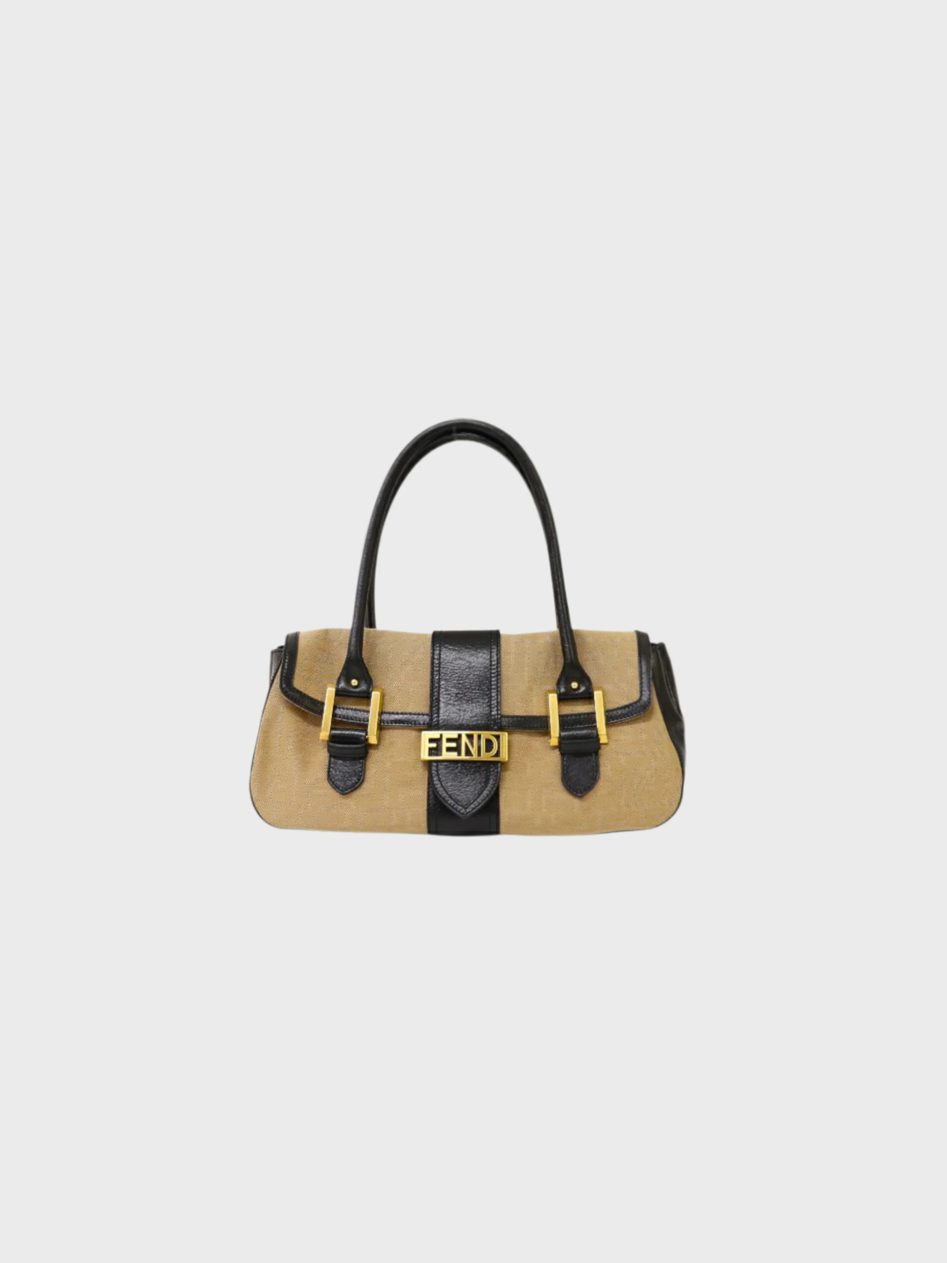 Fendi 2000s Beige Black Canvas Leather Zucca Logo Hardware Handbag