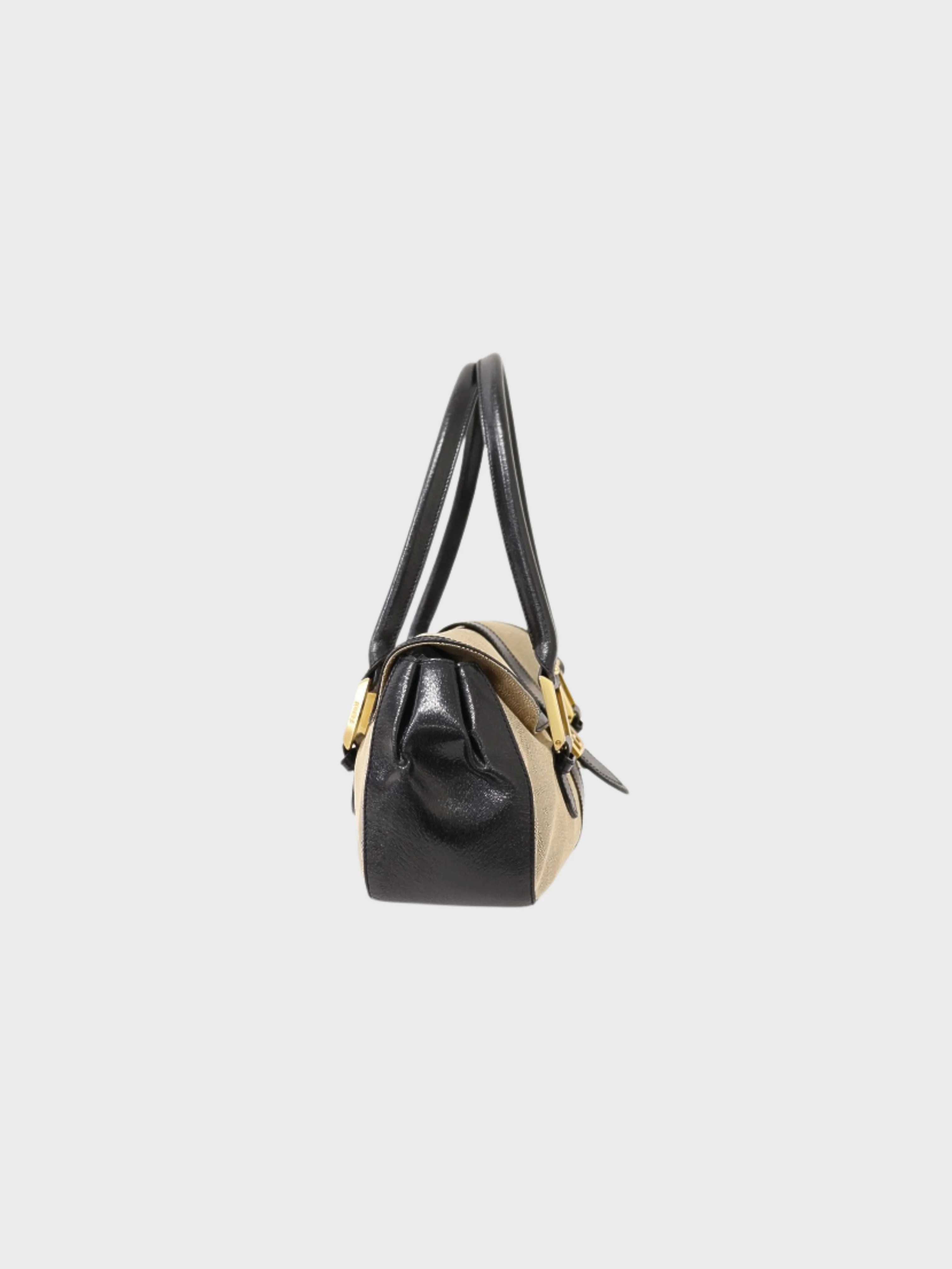 Fendi 2000s Beige Black Logo Canvas Leather Handbag - Image 3