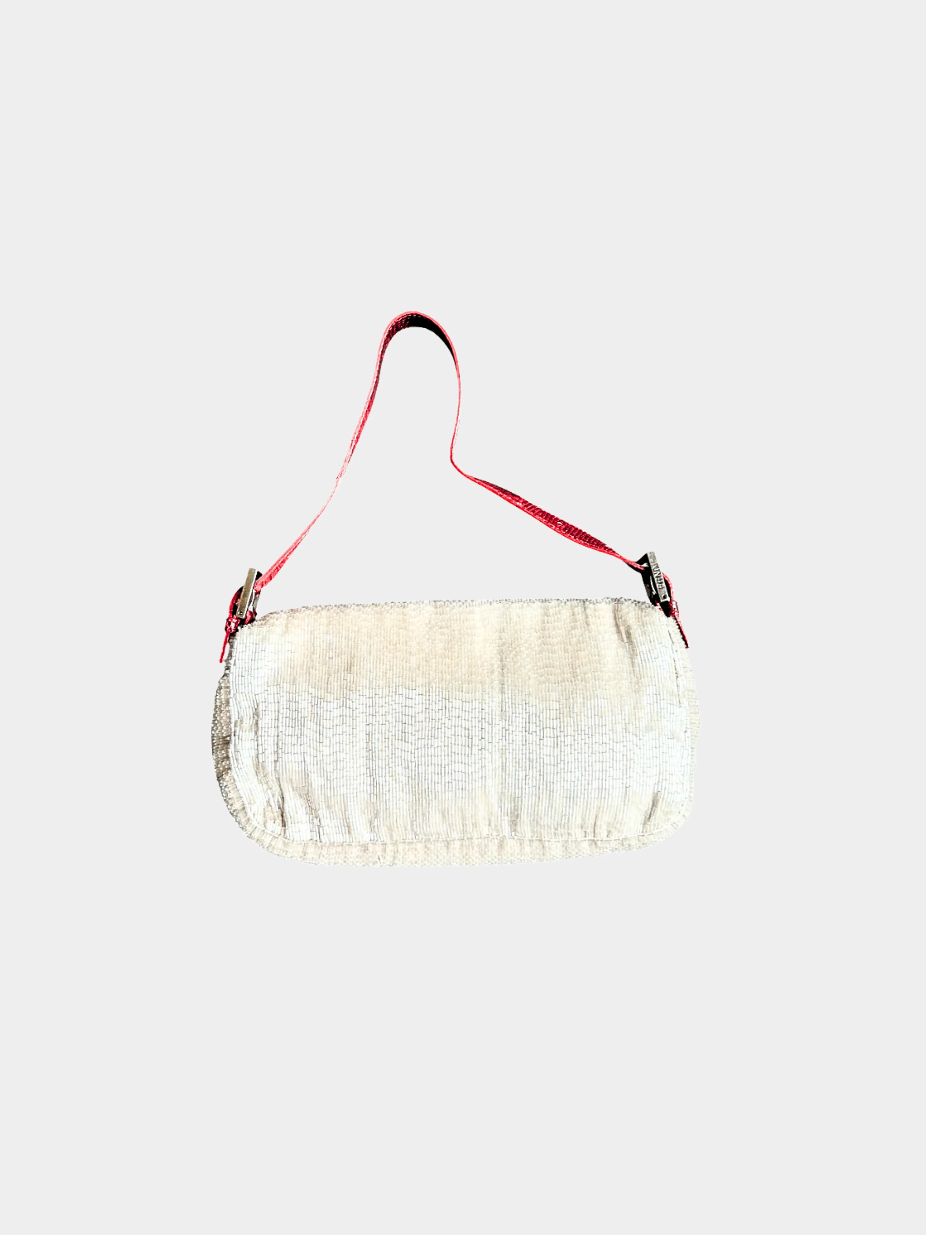 Fendi 2000s Beige Sequined Red Lizard Baguette Bag - Image 3