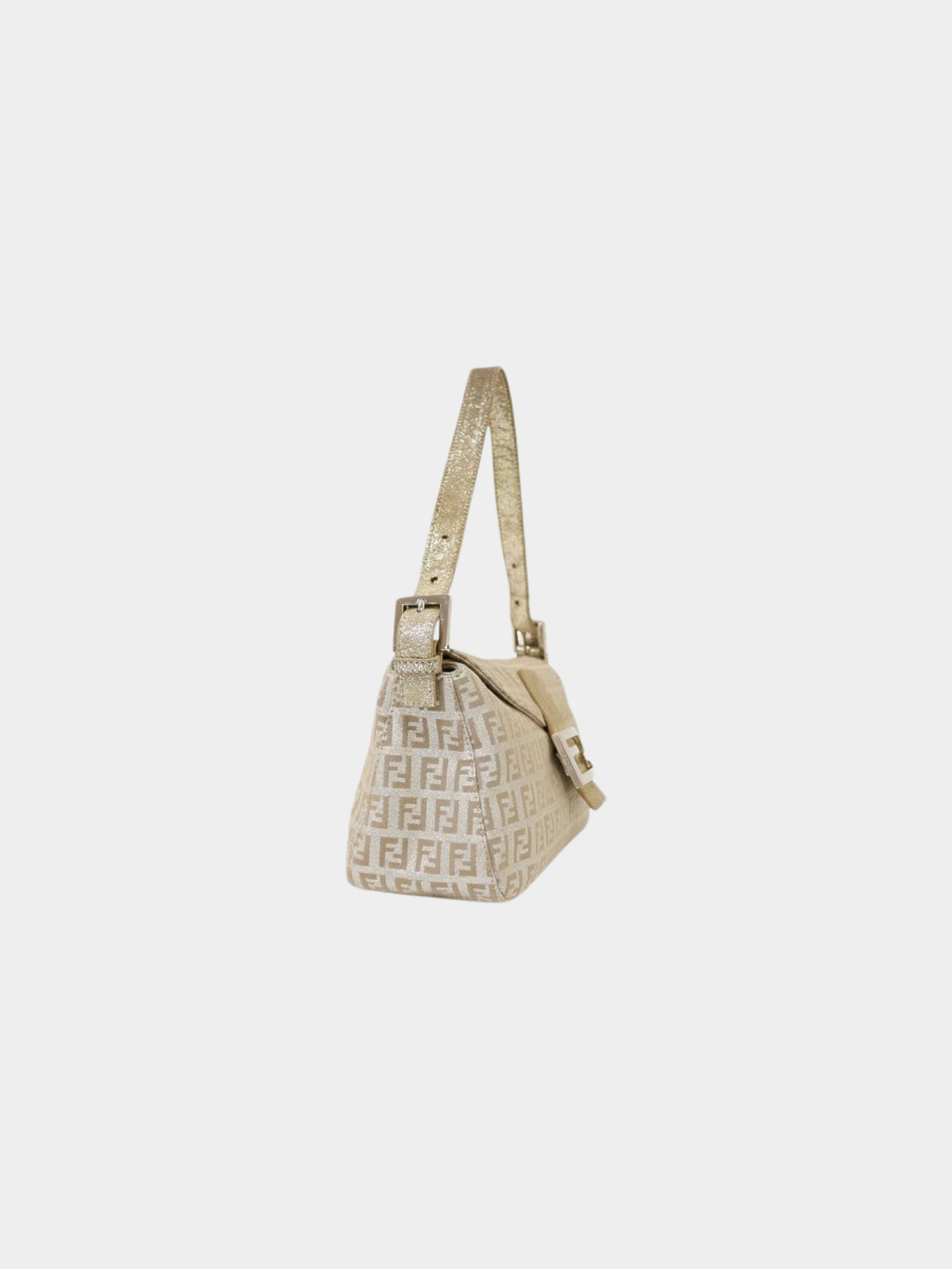 Fendi 2000s Glittery Beige Zucchino Canvas Mamma Baguette Bag - Image 3