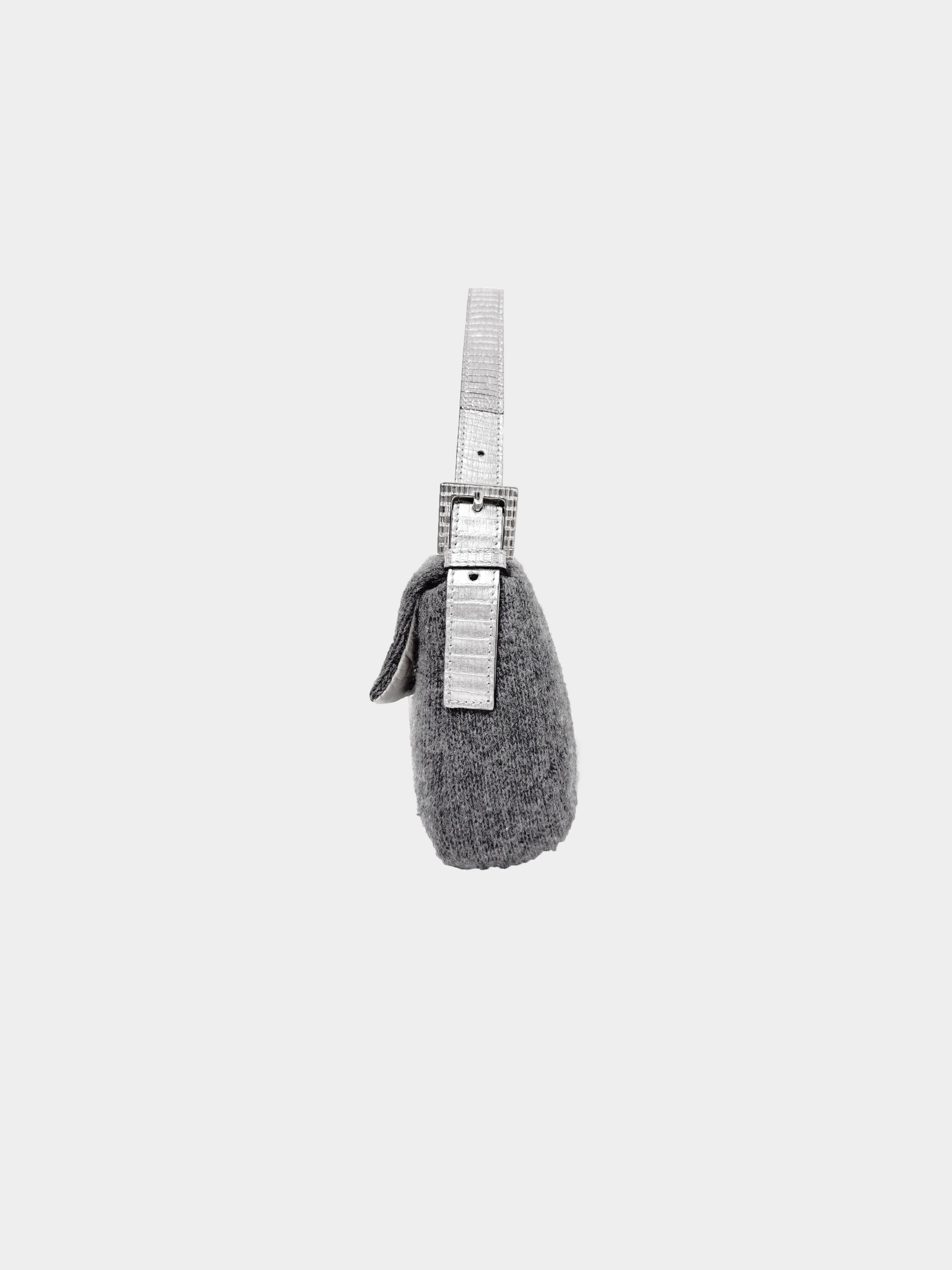 Fendi 2000s Grey Cashmere and Rhinestone Baguette - Image 3