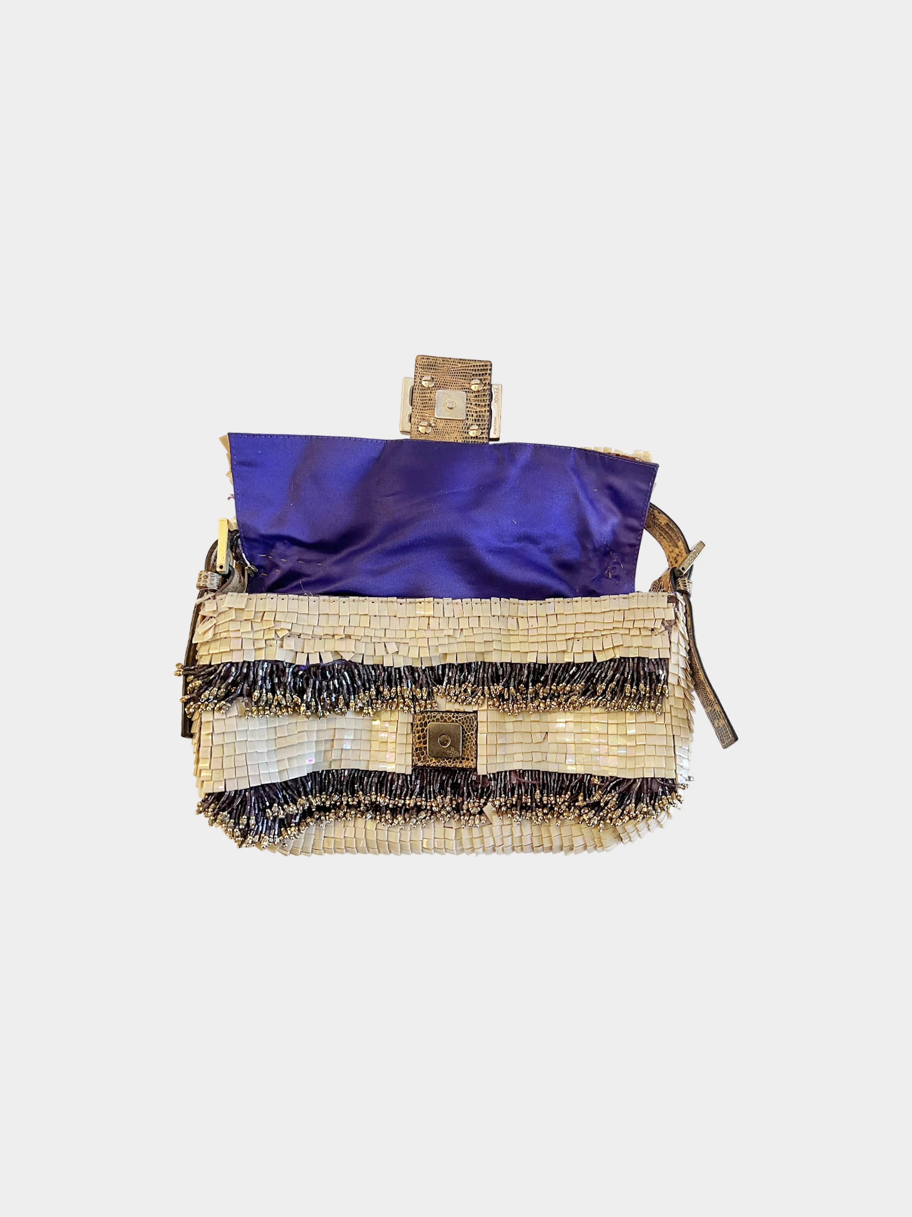 Fendi 2000s Mother of Pearl Beaded Baguette with Lizard Trim - Image 3