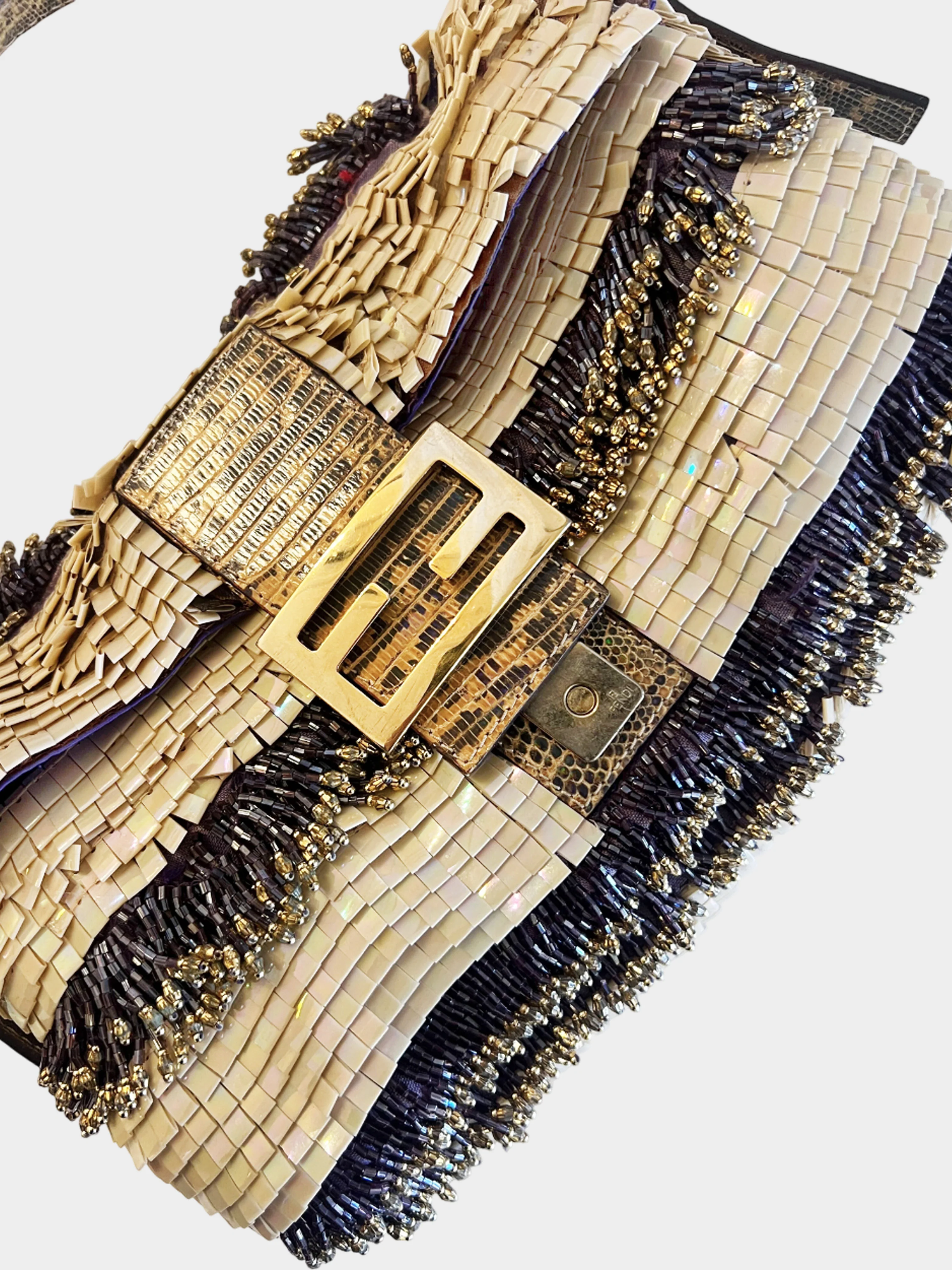 Fendi 2000s Mother of Pearl Beaded Baguette with Lizard Trim - Image 4