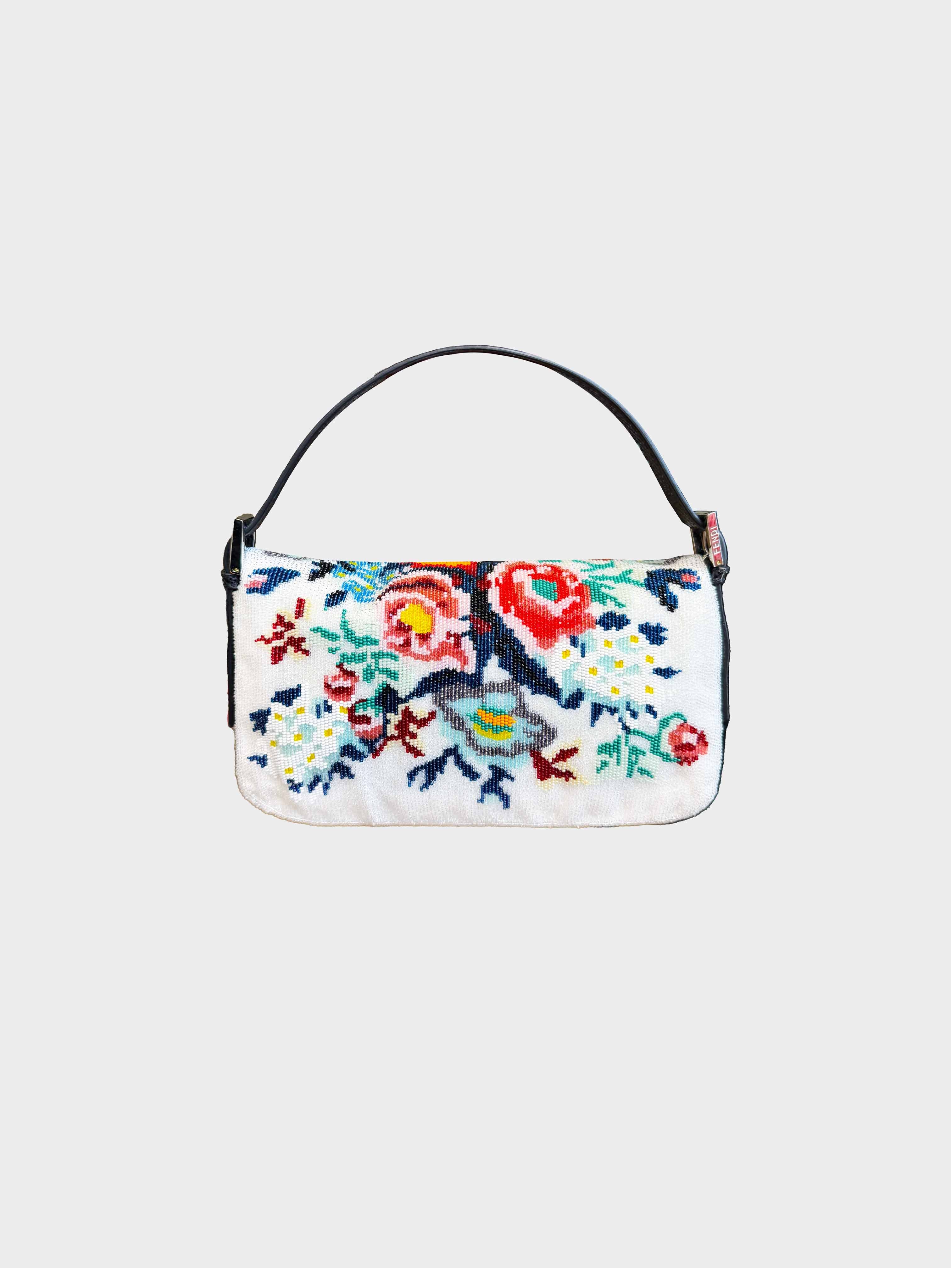 Fendi 2000s Multicolor Floral Beaded Baguette with Black Python Leather - Image 2