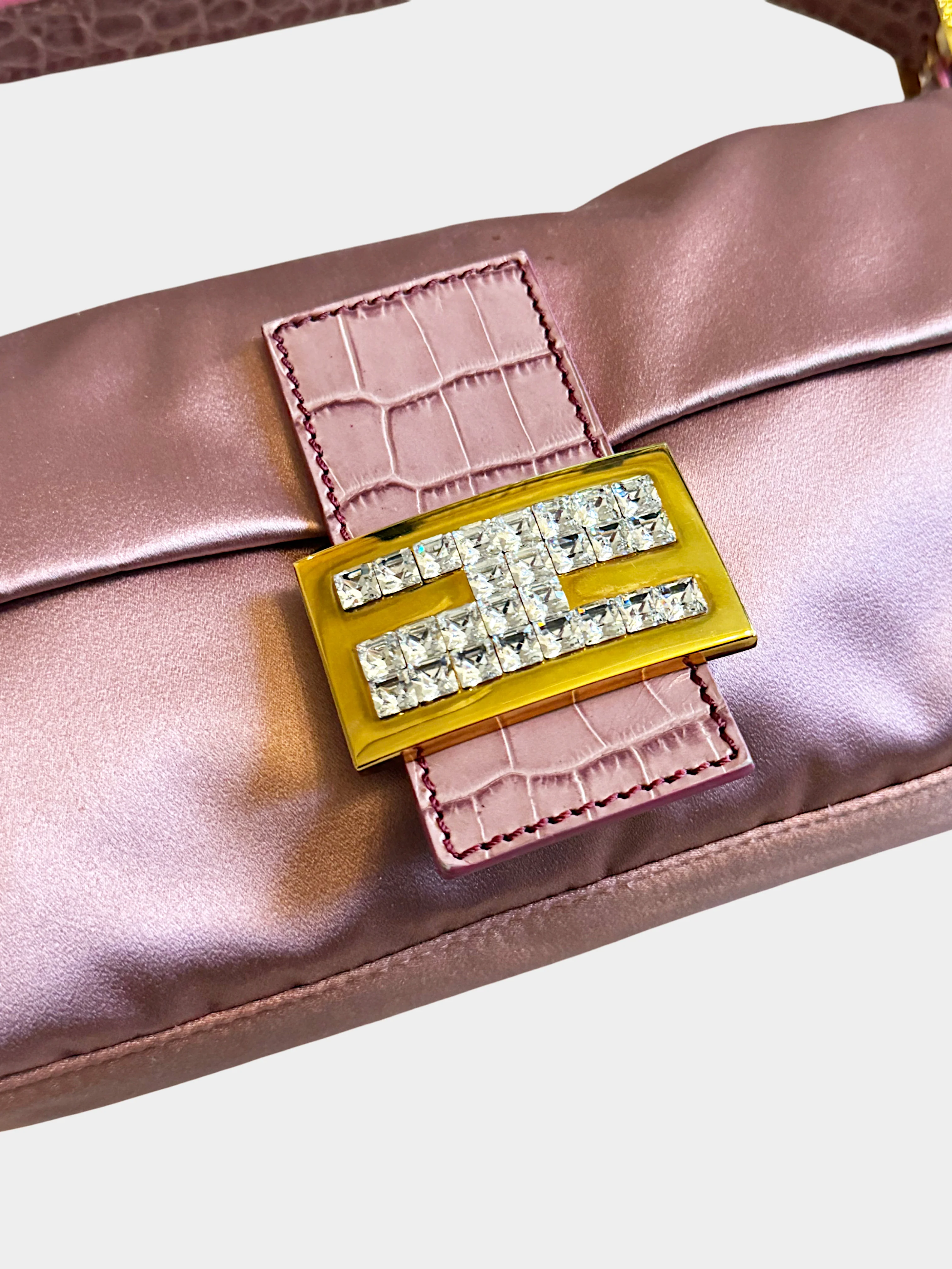 Fendi 2000s Pink Satin and Croc-Embossed Leather Baguette - Image 2