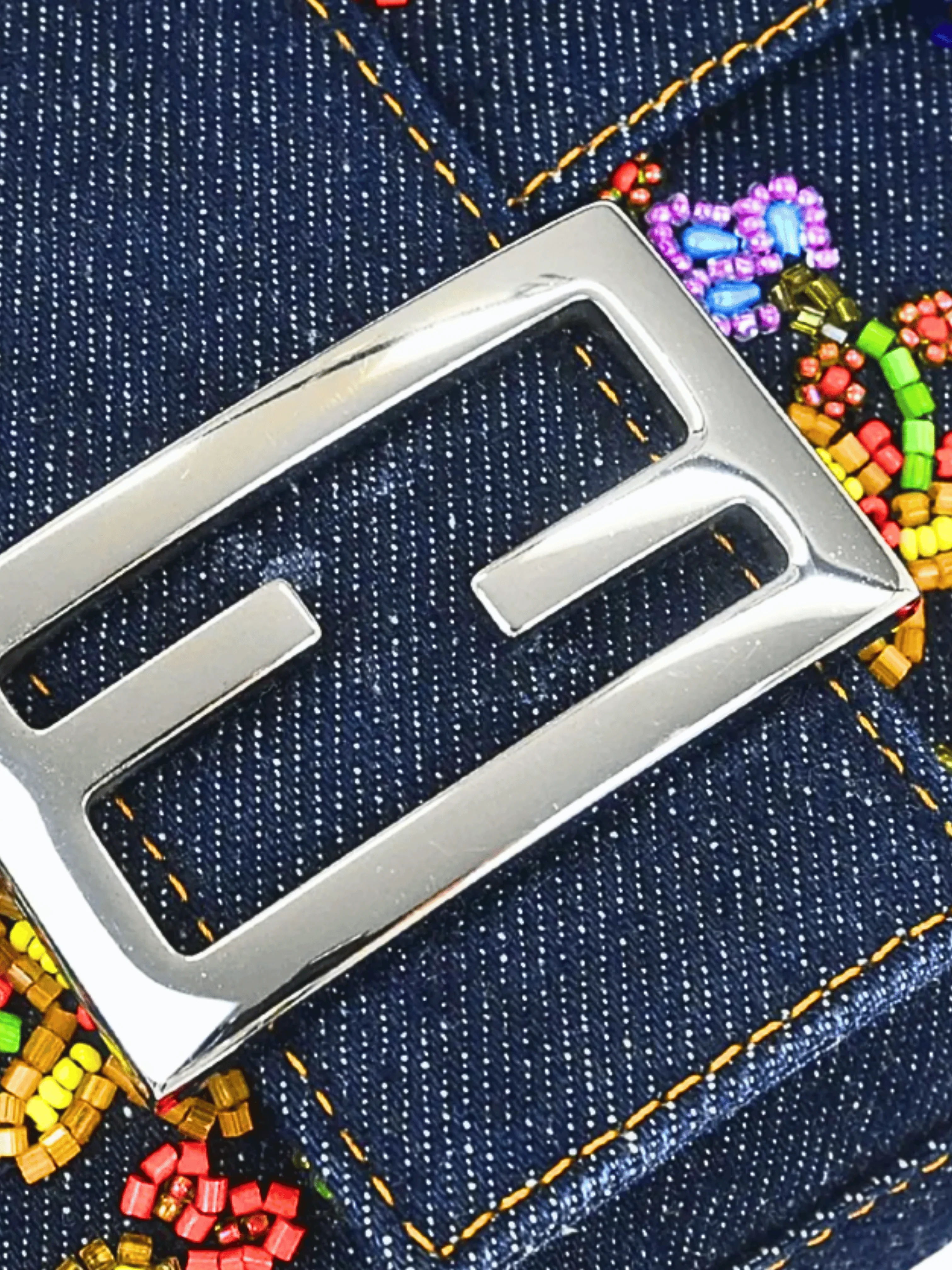 Fendi 2000s Rare Floral Beaded Denim Baguette - Image 3