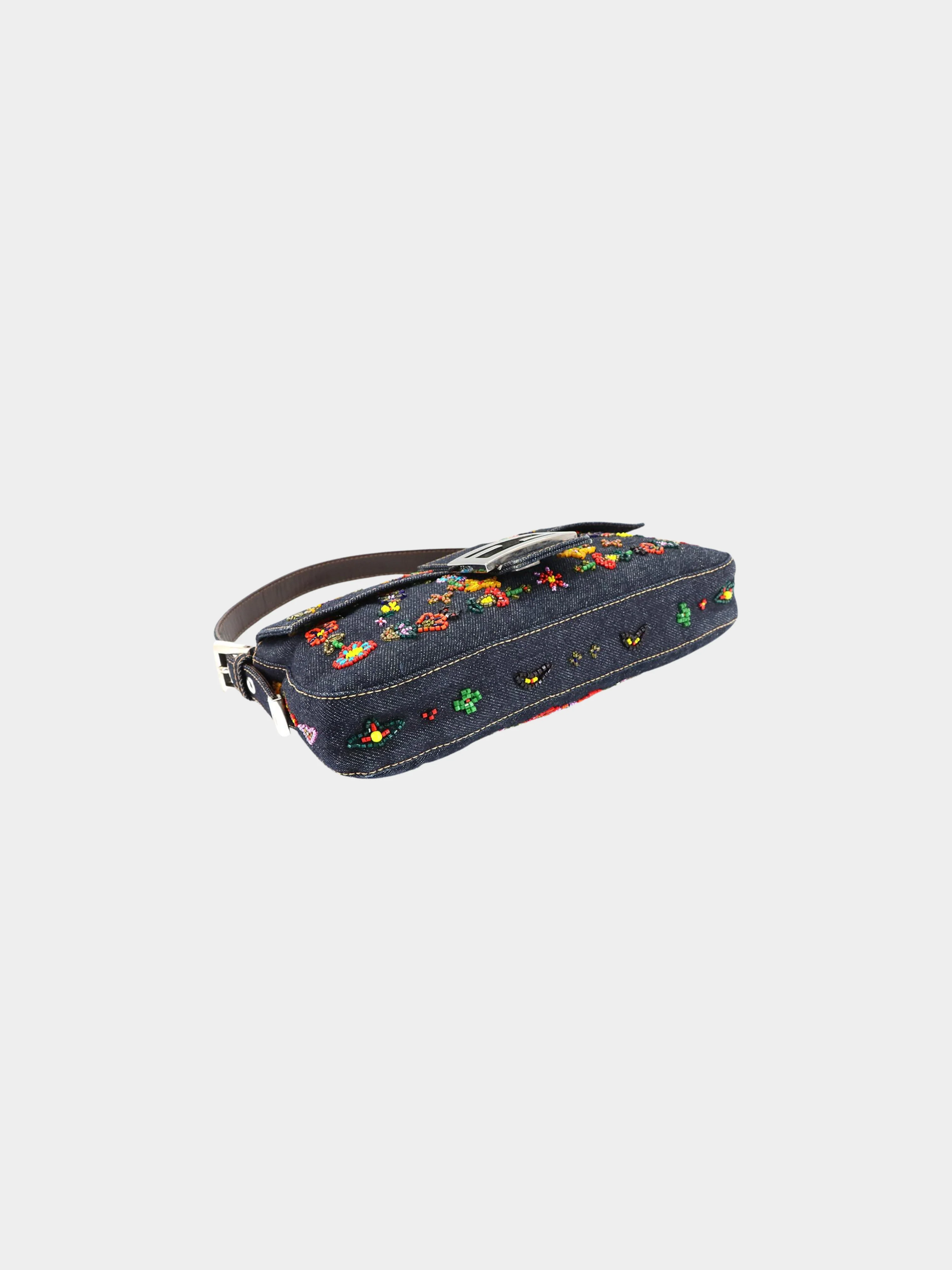 Fendi 2000s Rare Floral Beaded Denim Baguette - Image 3