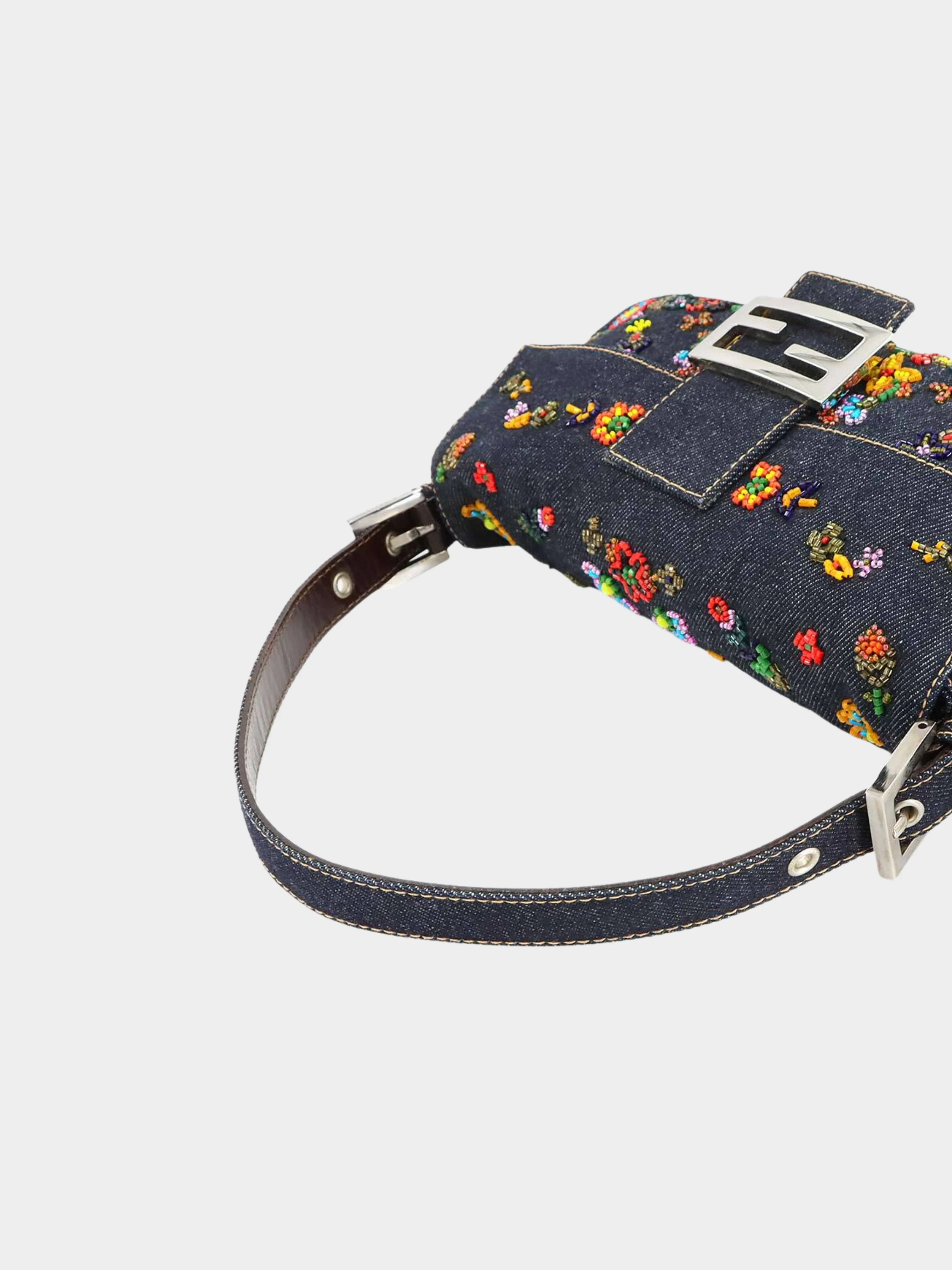 Fendi 2000s Rare Floral Beaded Denim Baguette - Image 4