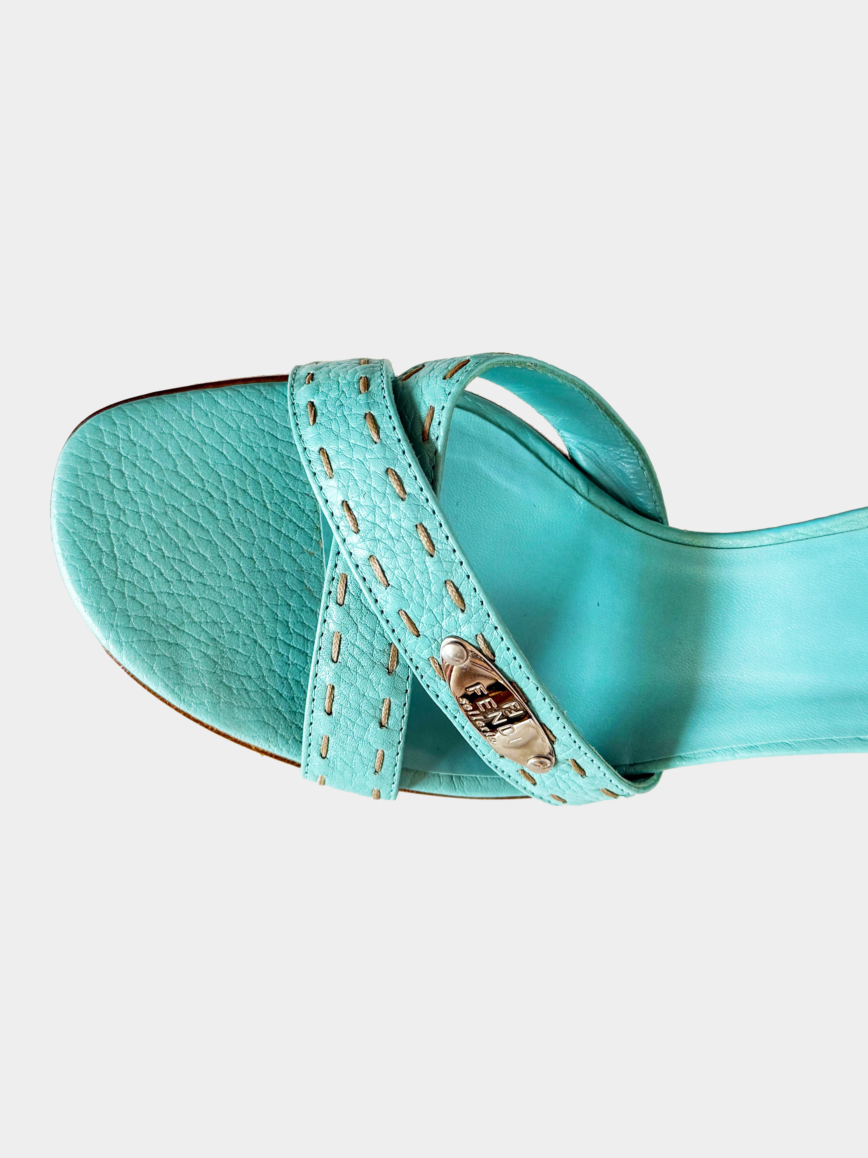Fendi 2000s Turquoise Selleria Crossed Strap Kitten Heels - Image 3