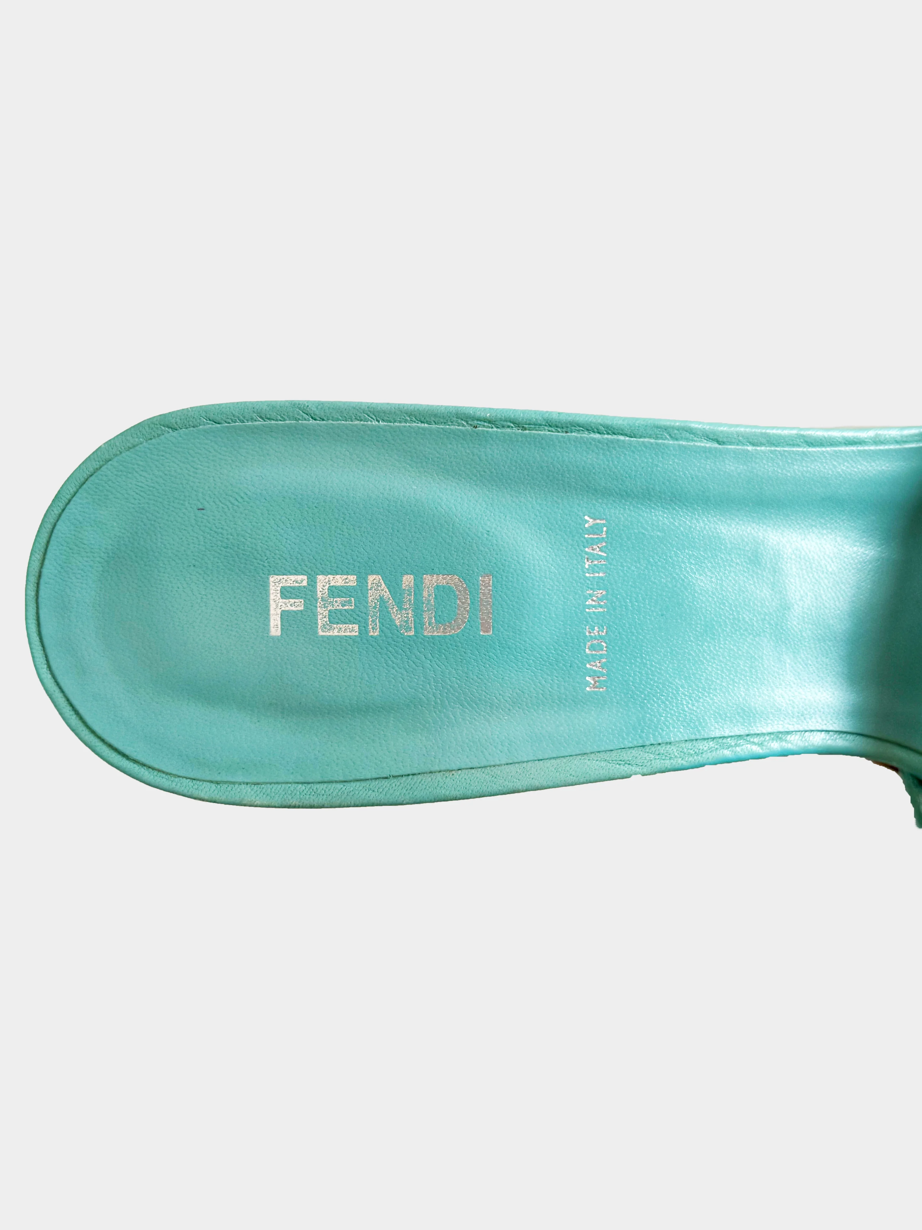 Fendi 2000s Turquoise Selleria Crossed Strap Kitten Heels - Image 4
