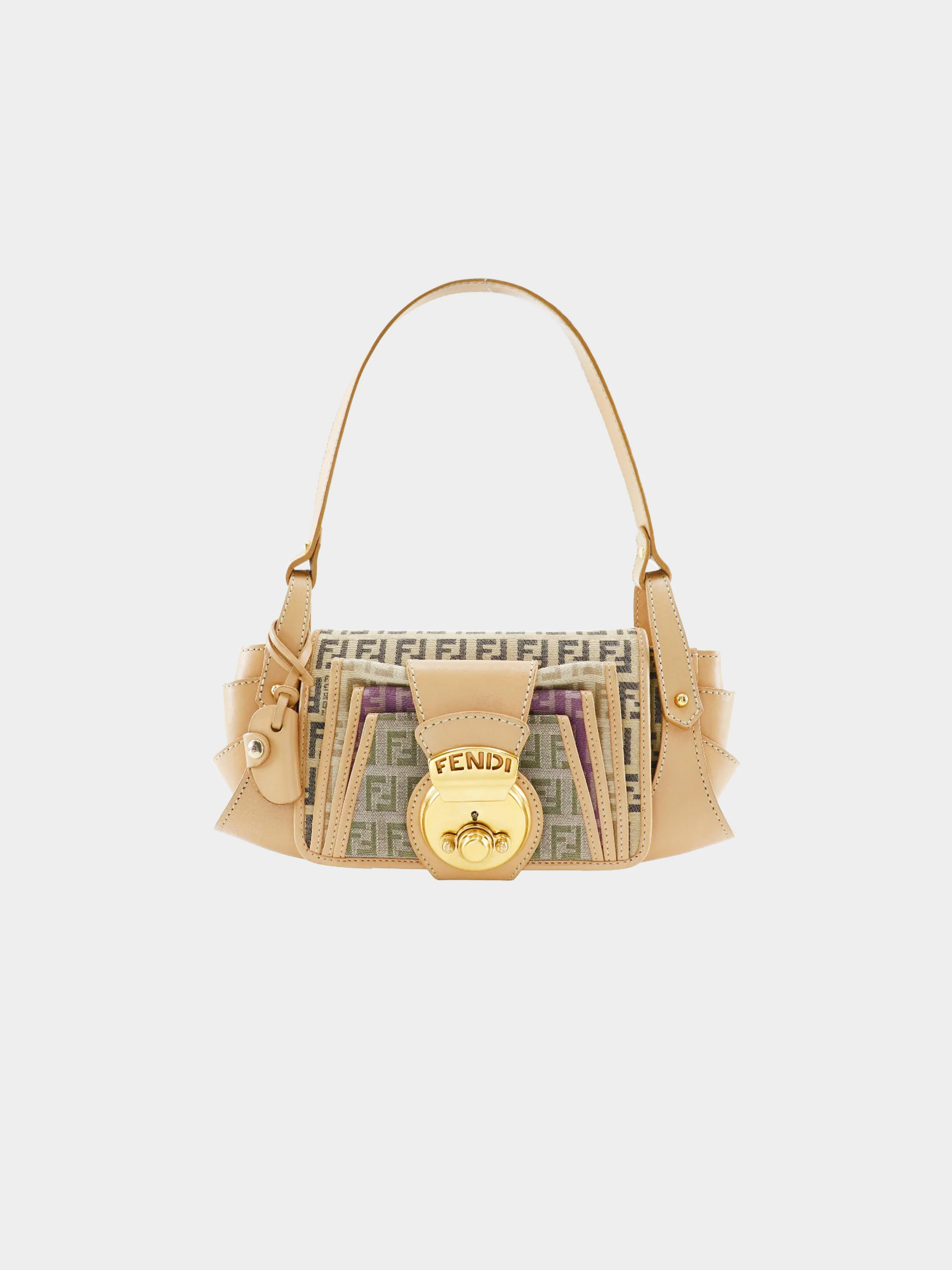 Fendi 2004 Beige Calfskin Leather and Zucchino Canvas Bag