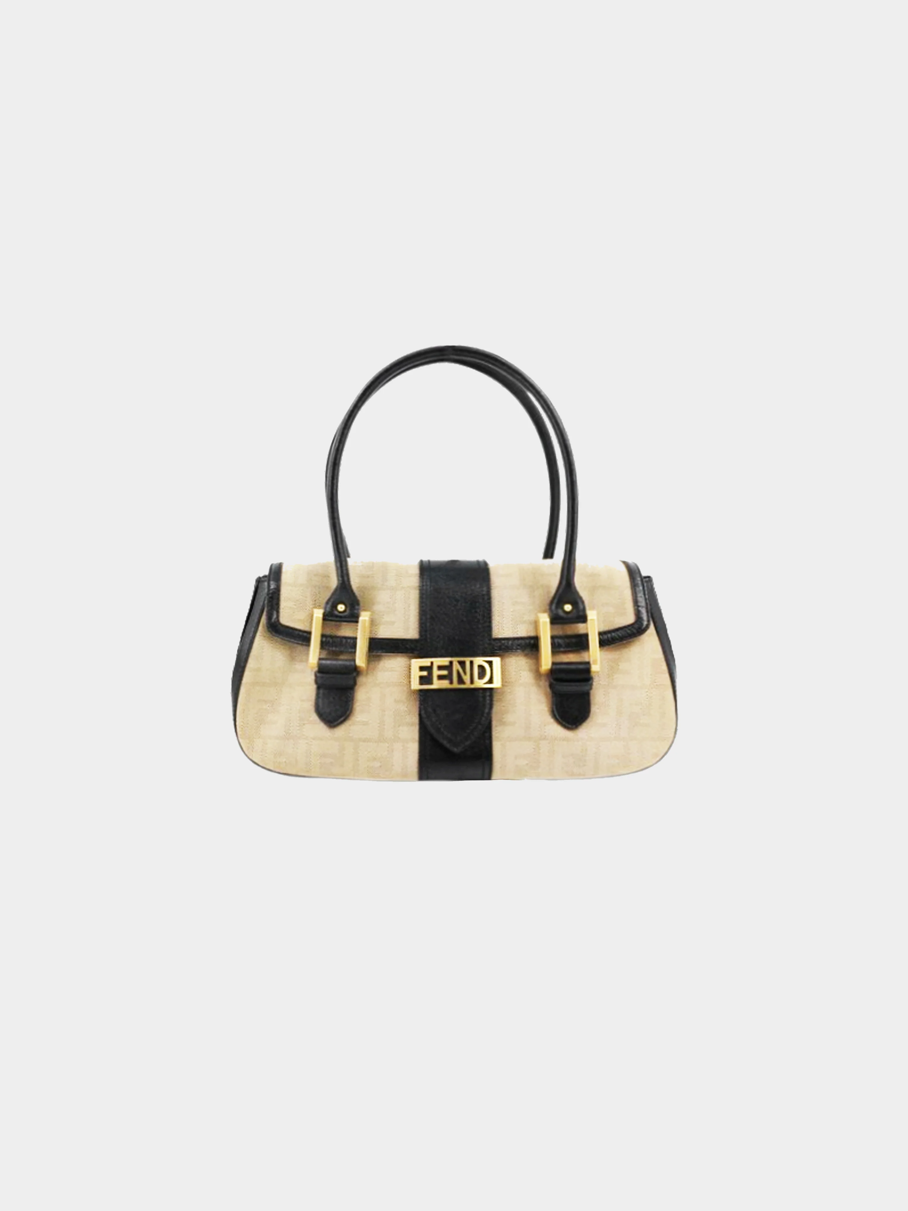 Fendi 2004 Beige Canvas and Black Leather Zucca Handbag