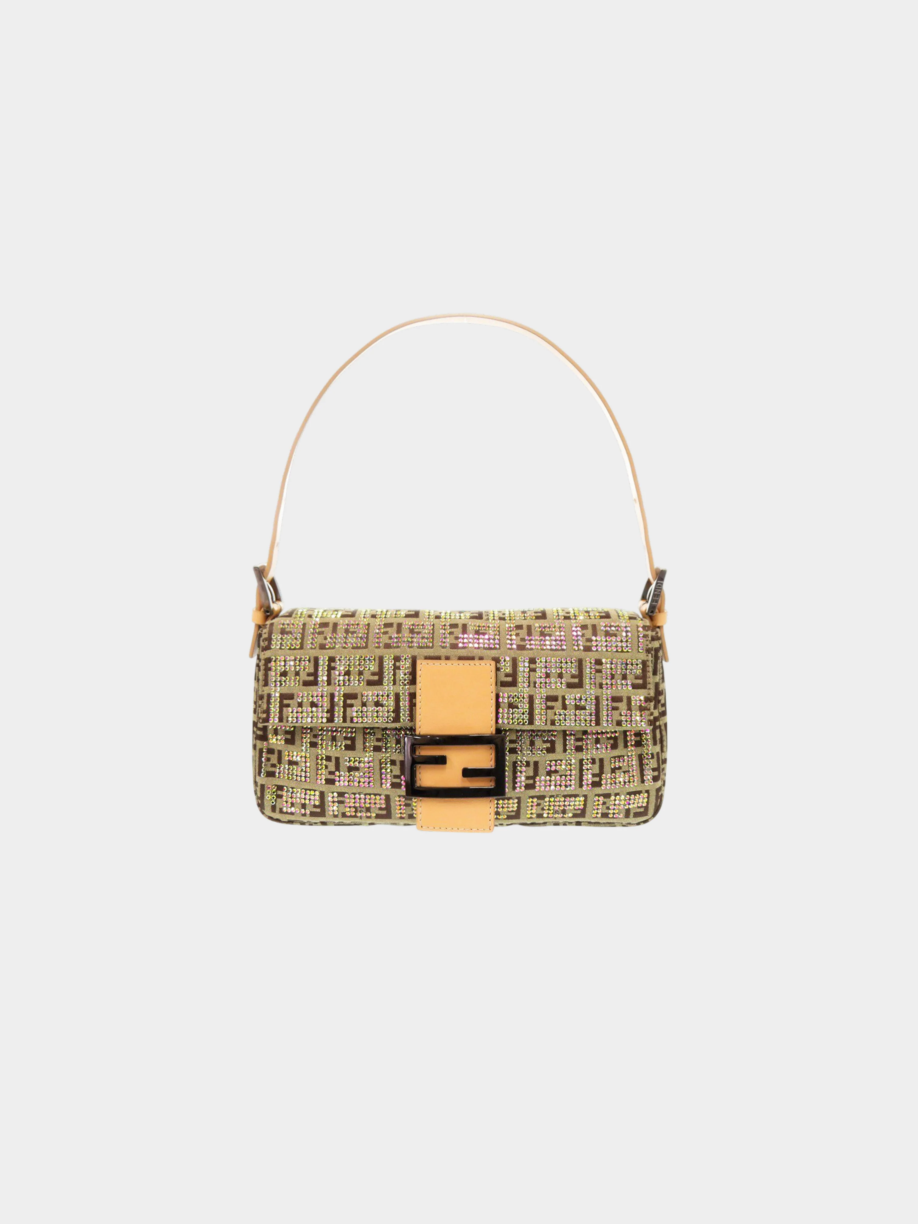 Fendi 2010s Beige and Brown Zucchino Crystal-studded Canvas Baguette