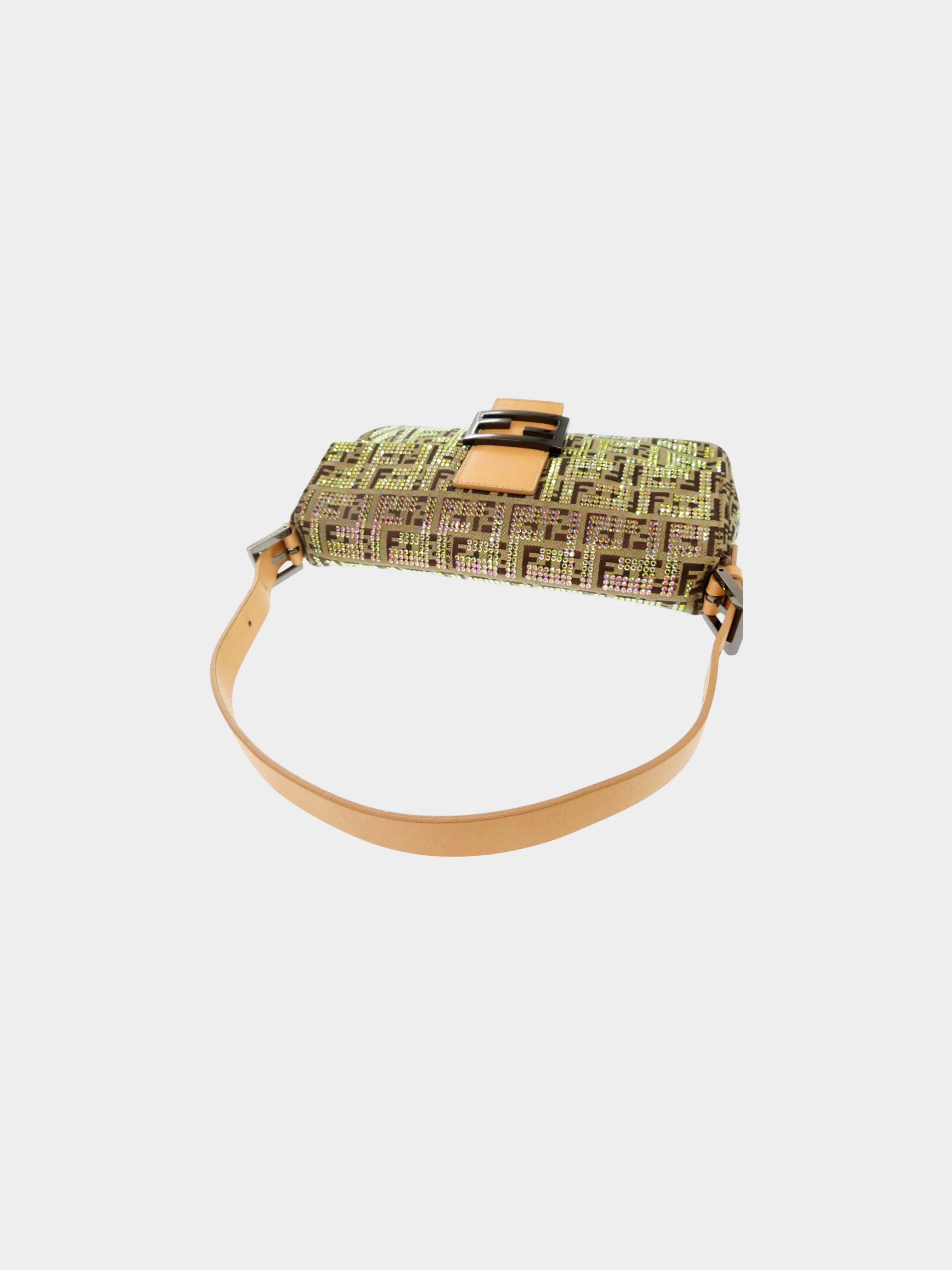 Fendi 2010s Beige and Brown Zucchino Crystal-studded Canvas Baguette - Image 3
