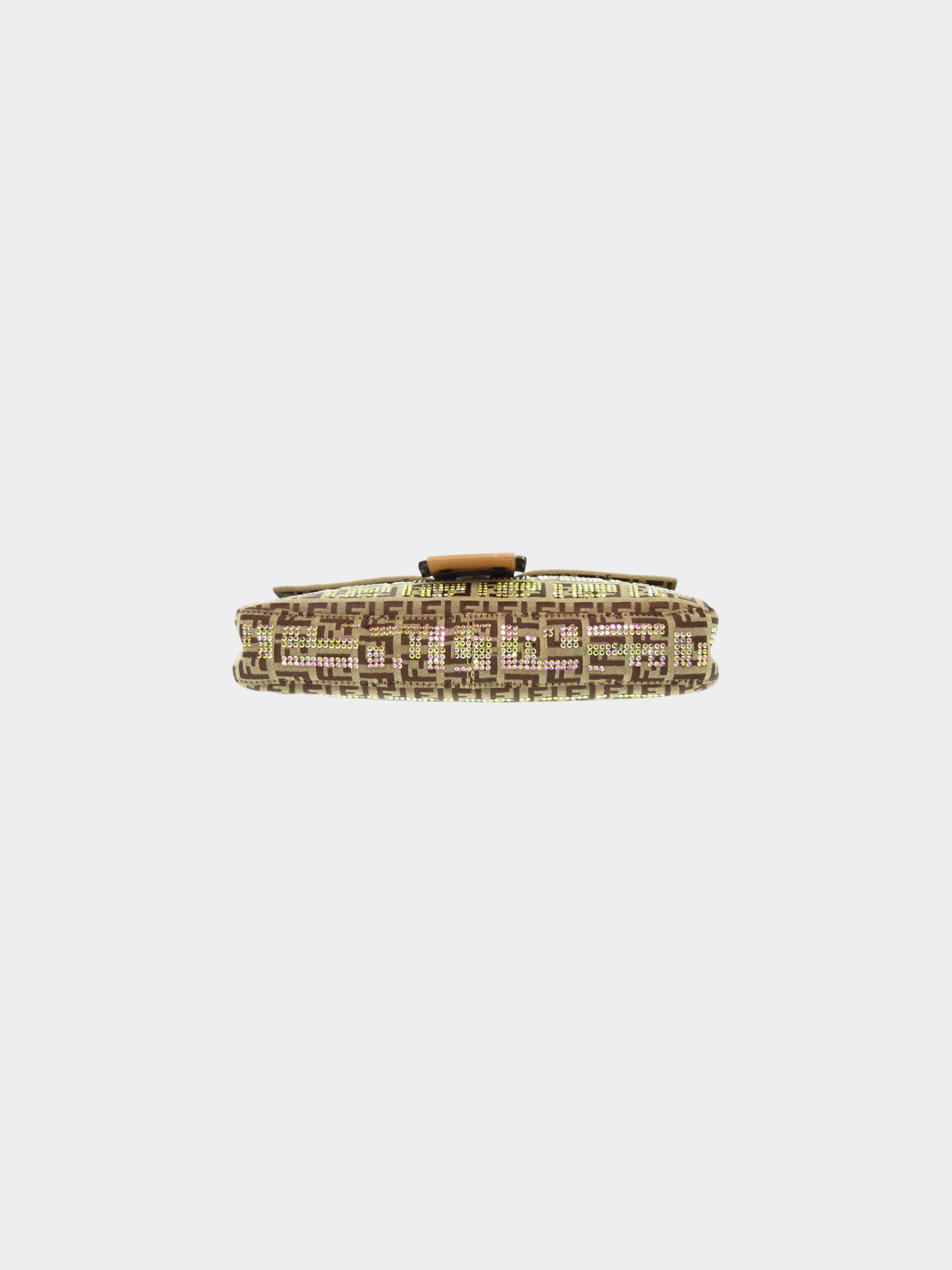 Fendi 2010s Beige and Brown Zucchino Crystal-studded Canvas Baguette - Image 4