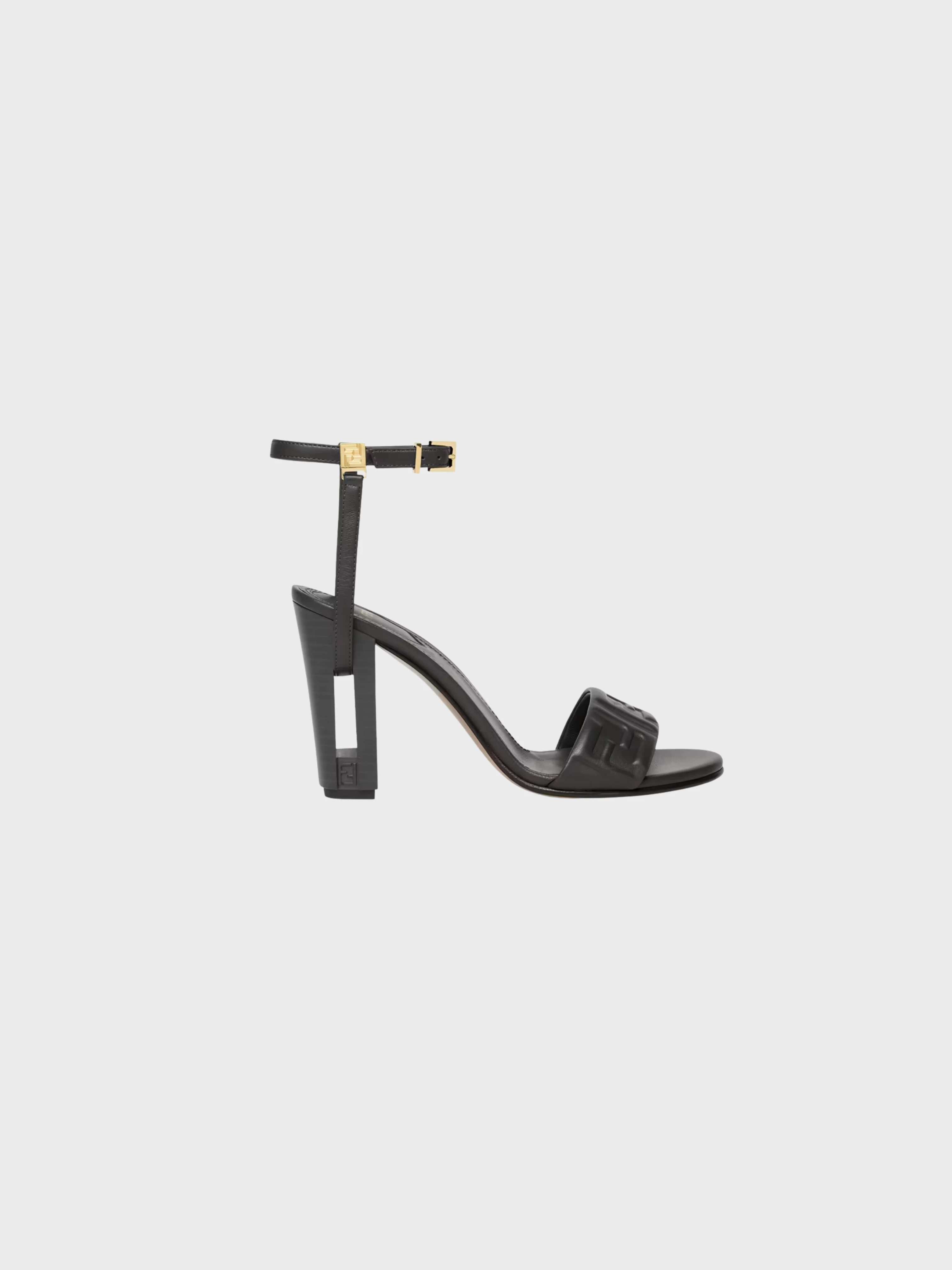 Fendi 2020s Black Nappa Leather FF Delfina Heeled Sandals