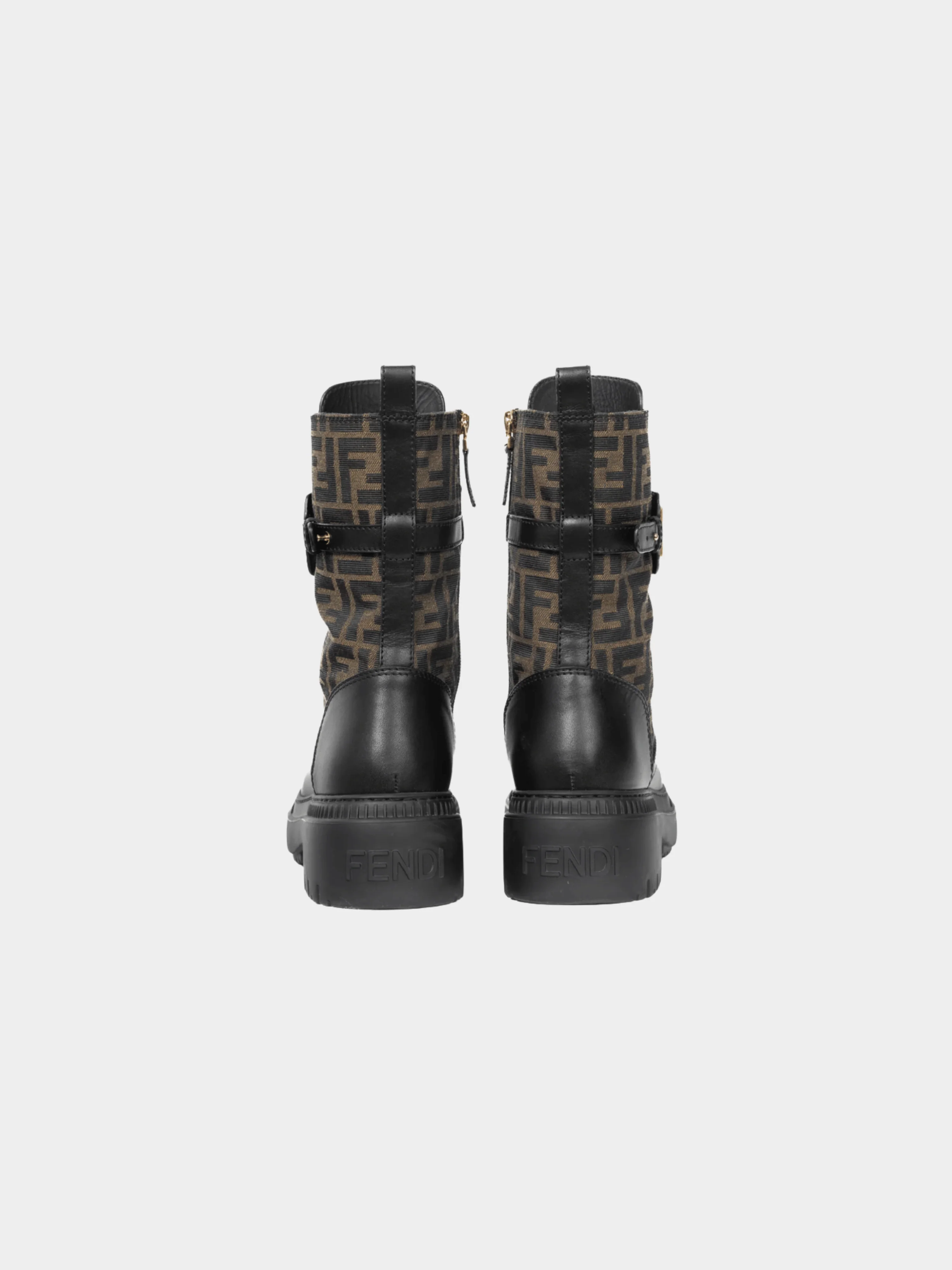 Fendi 2020s Fendigraphy Black Leather and Brown FF Pattern Combat Boots - Image 3