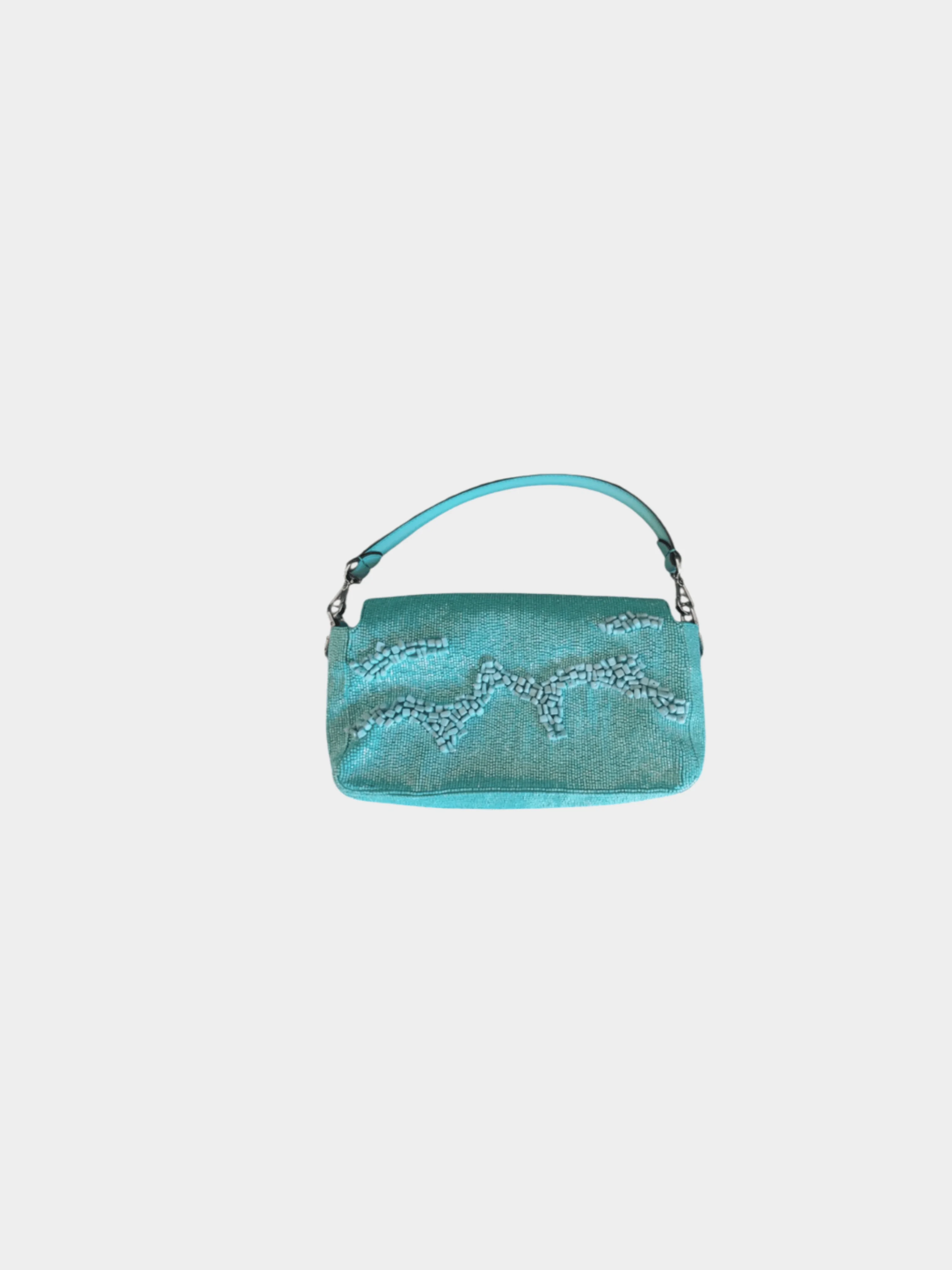 Fendi 2022 Turquoise Rolling Stone Vitello Seta Bead Embroidered Re-Edition Baguette - Image 2