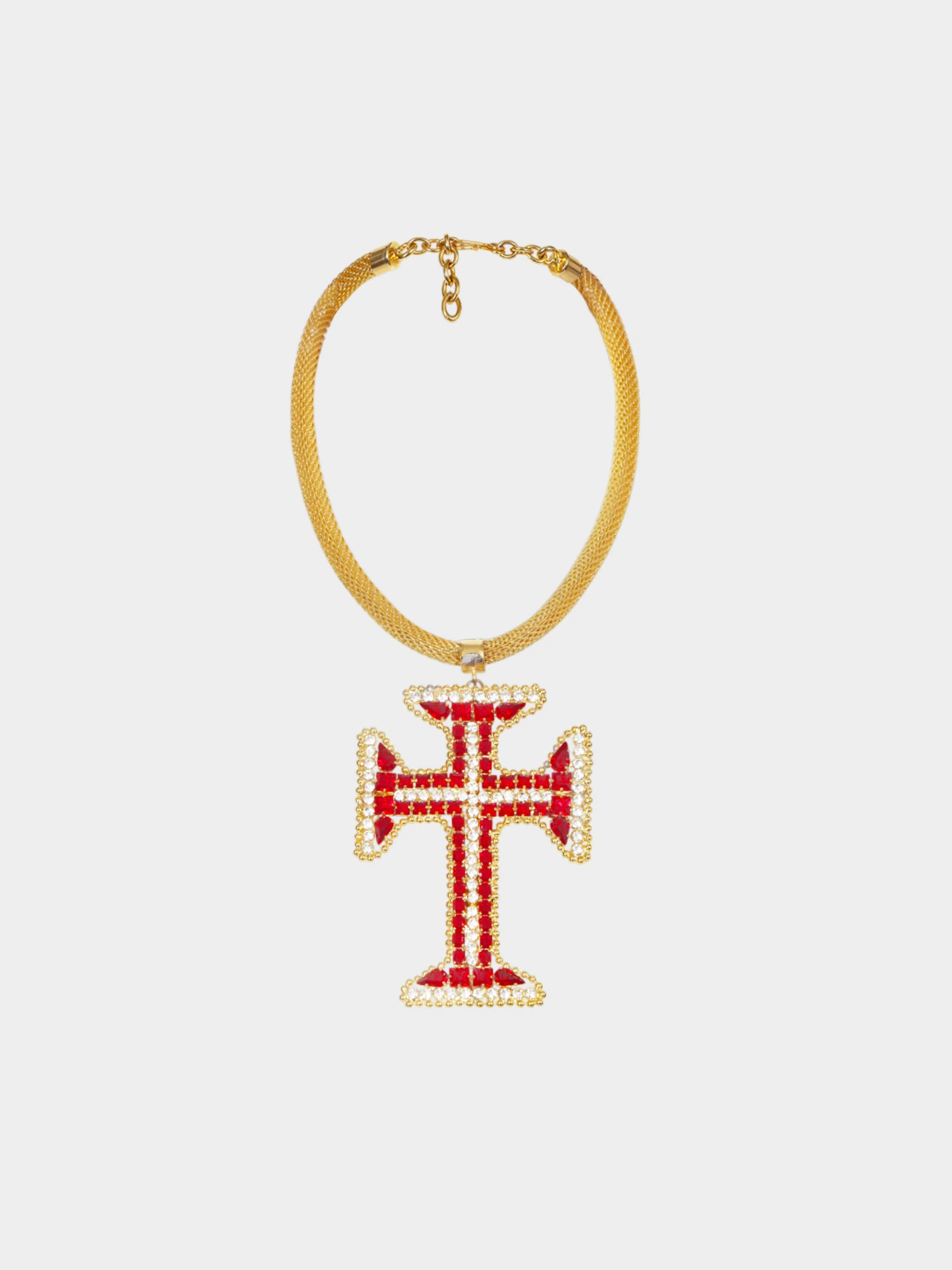 Gianni Versace 1991 Red and Gold Gilt Metal Cross Necklace