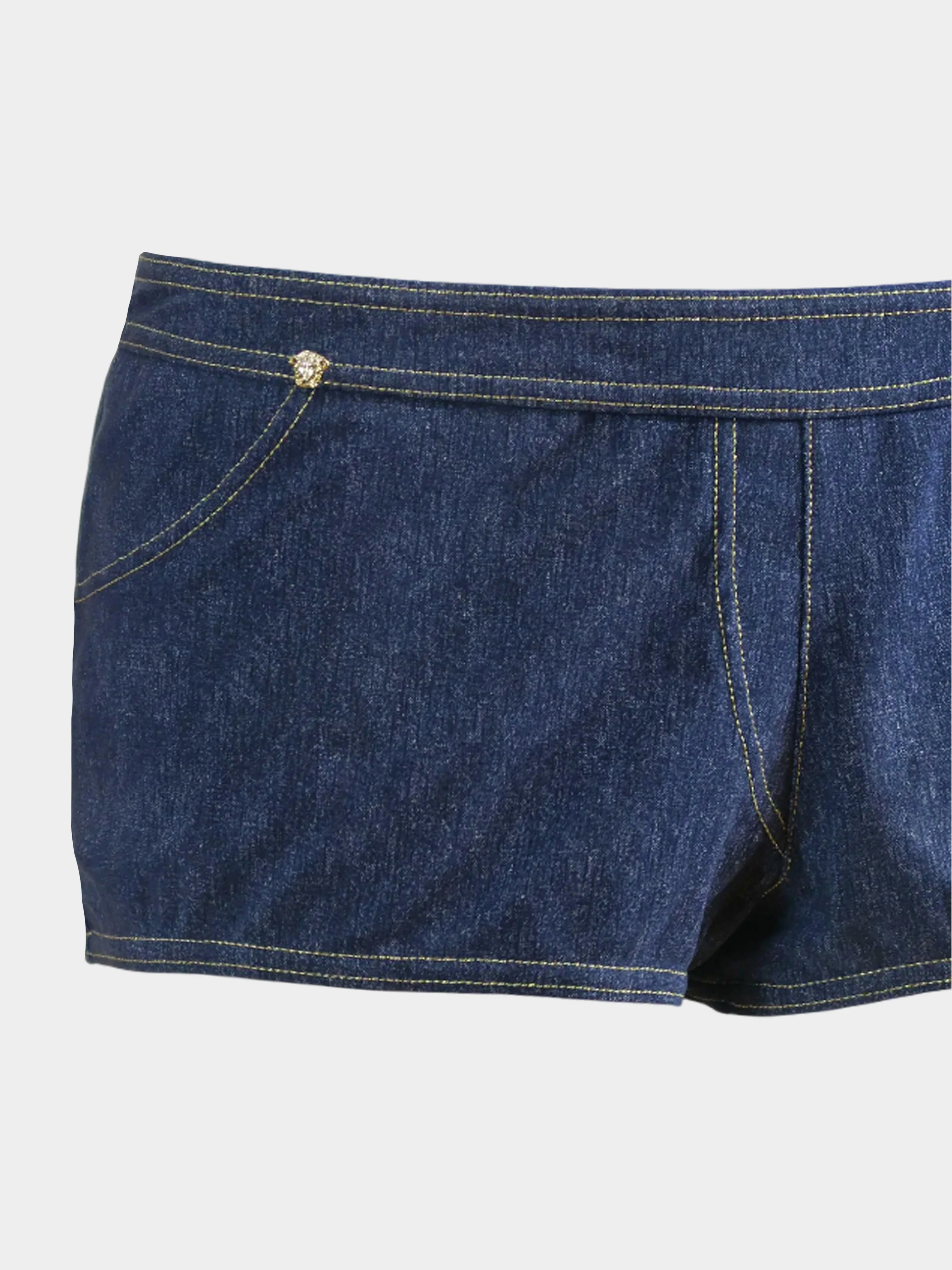 Gianni Versace 2000s Trompe L’œil Denim Micro Swim Shorts with Gold Details - Image 2
