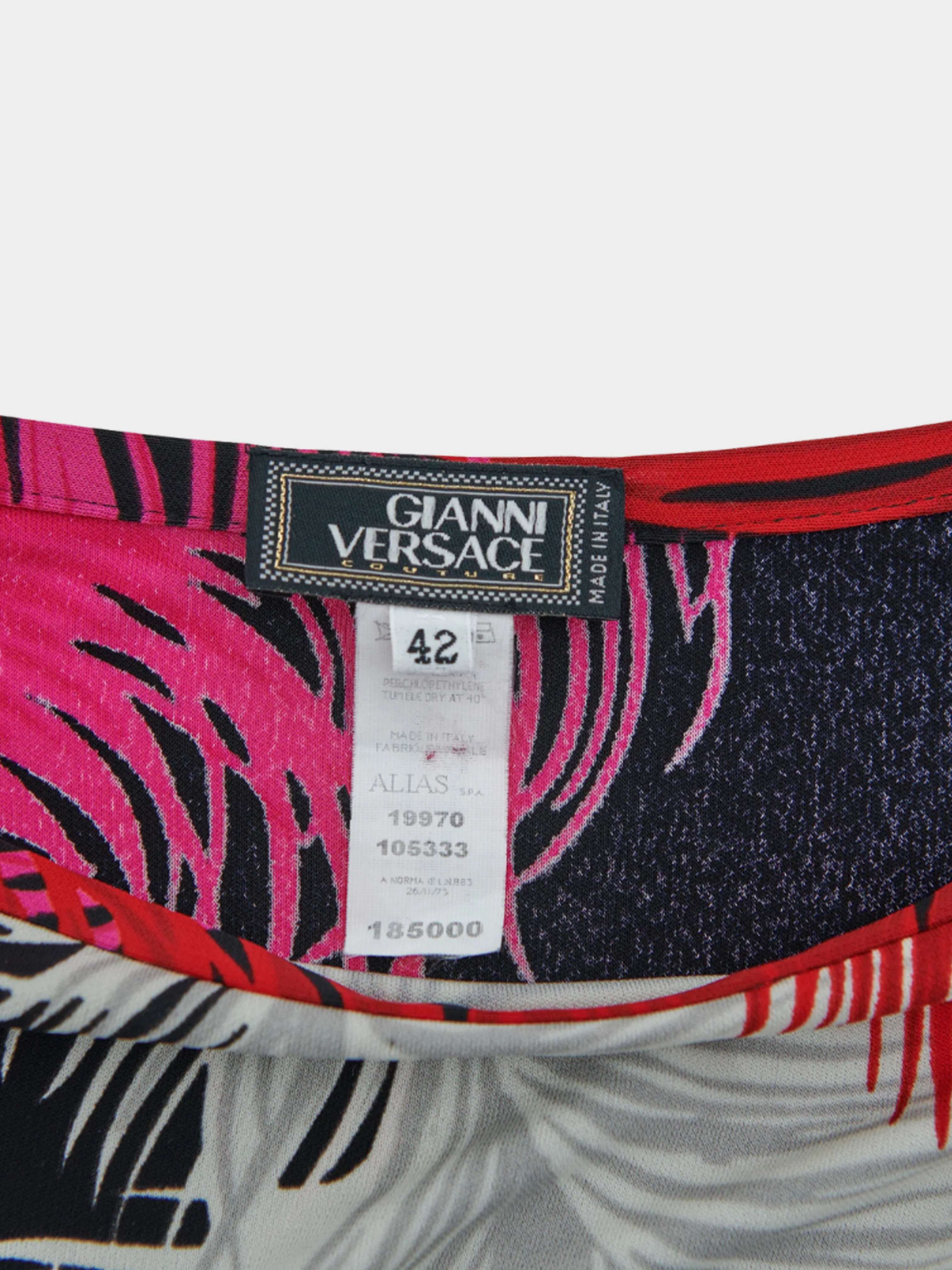 Gianni Versace Couture FW 2001 Multicoloured Feather print jersey draped skirt - Image 3