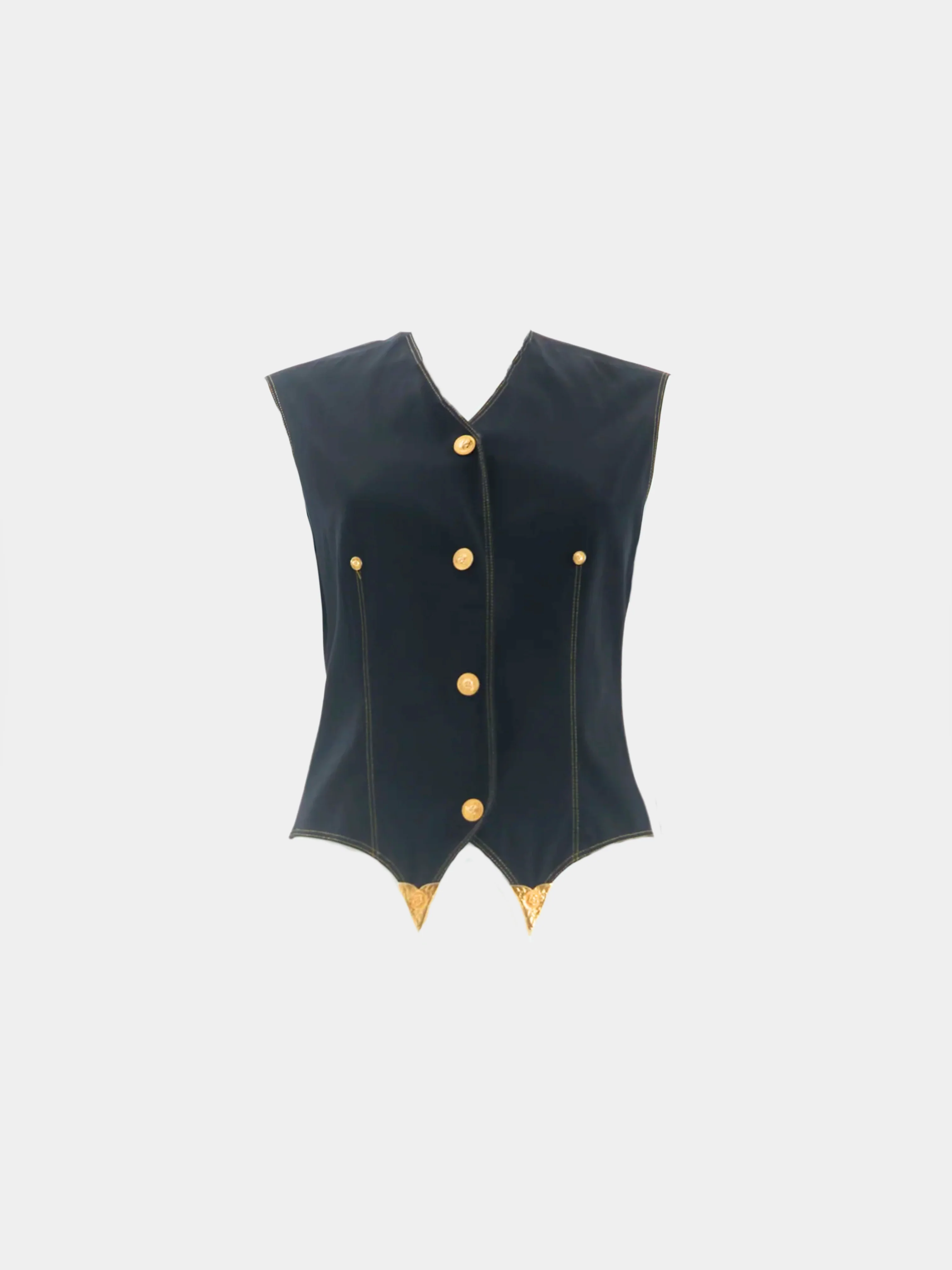 Gianni Versace Versus FW 1992 Black Gold Medusa Button Vest Top