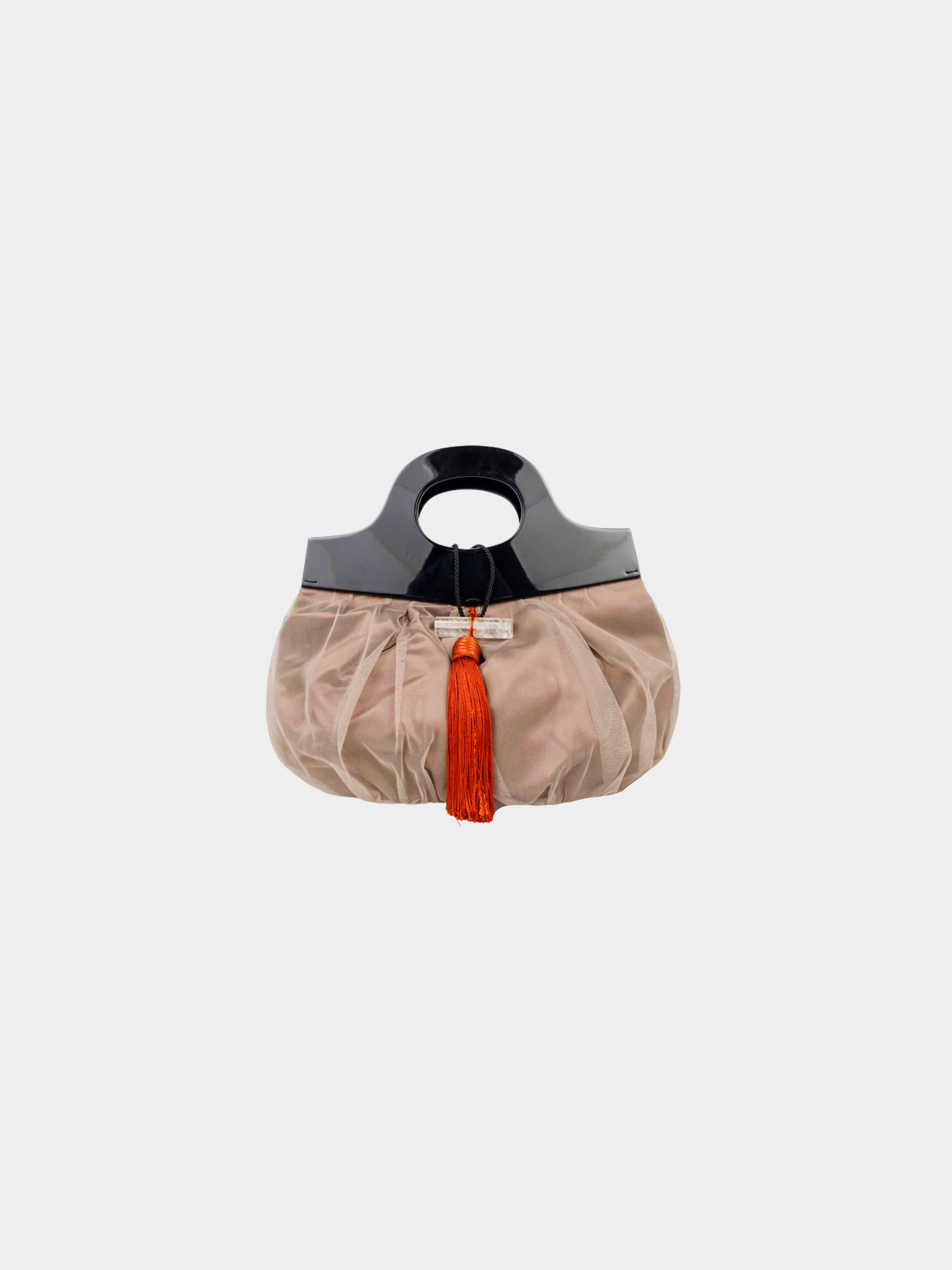 Giorgio Armani 2000s Taupe Tulle Rock Crystal Closure and Lucite Handle Bag