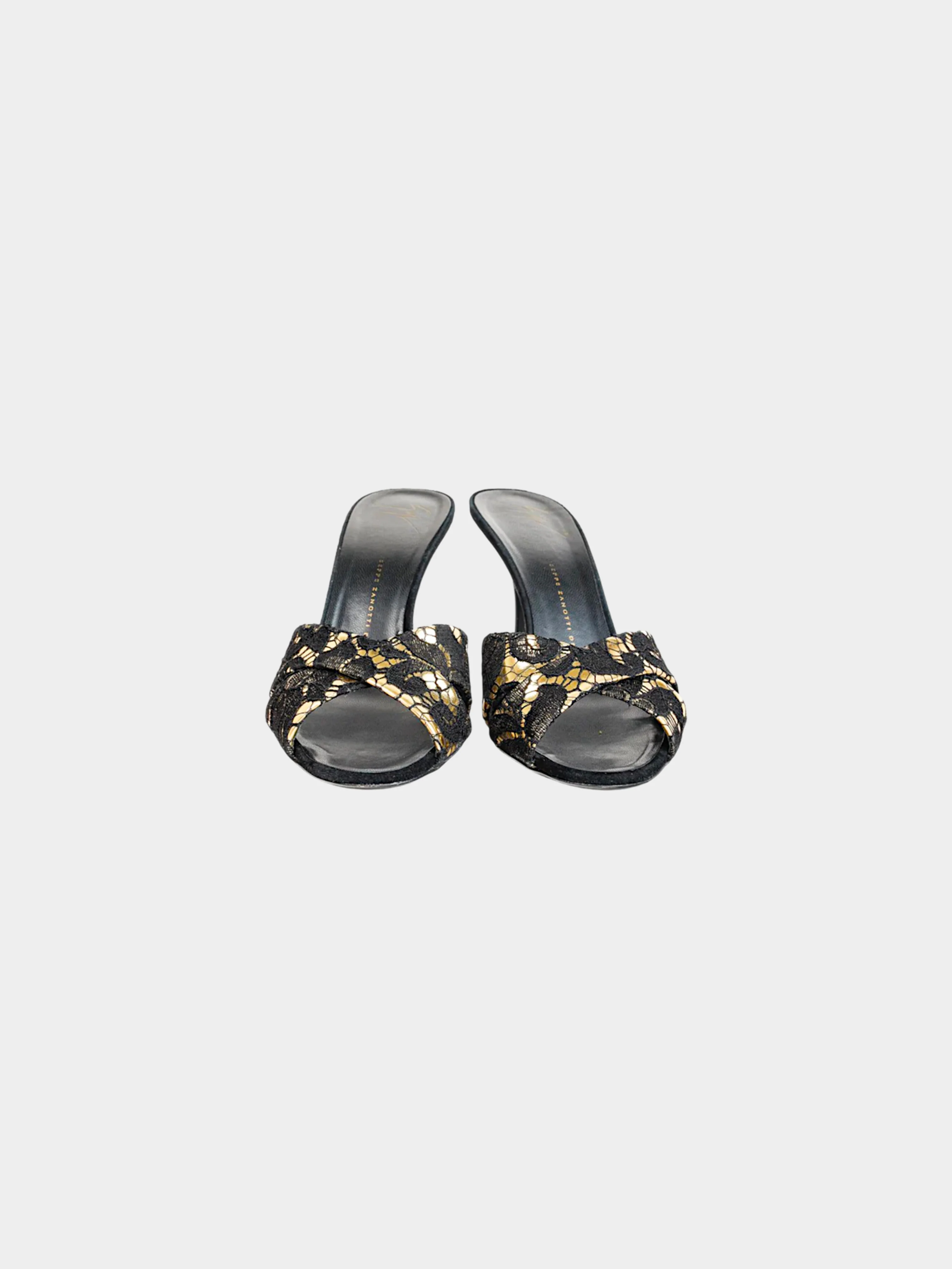 Giuseppe Zanotti 2010s Black Lace and Gold Metallic Leather Heels - Image 2