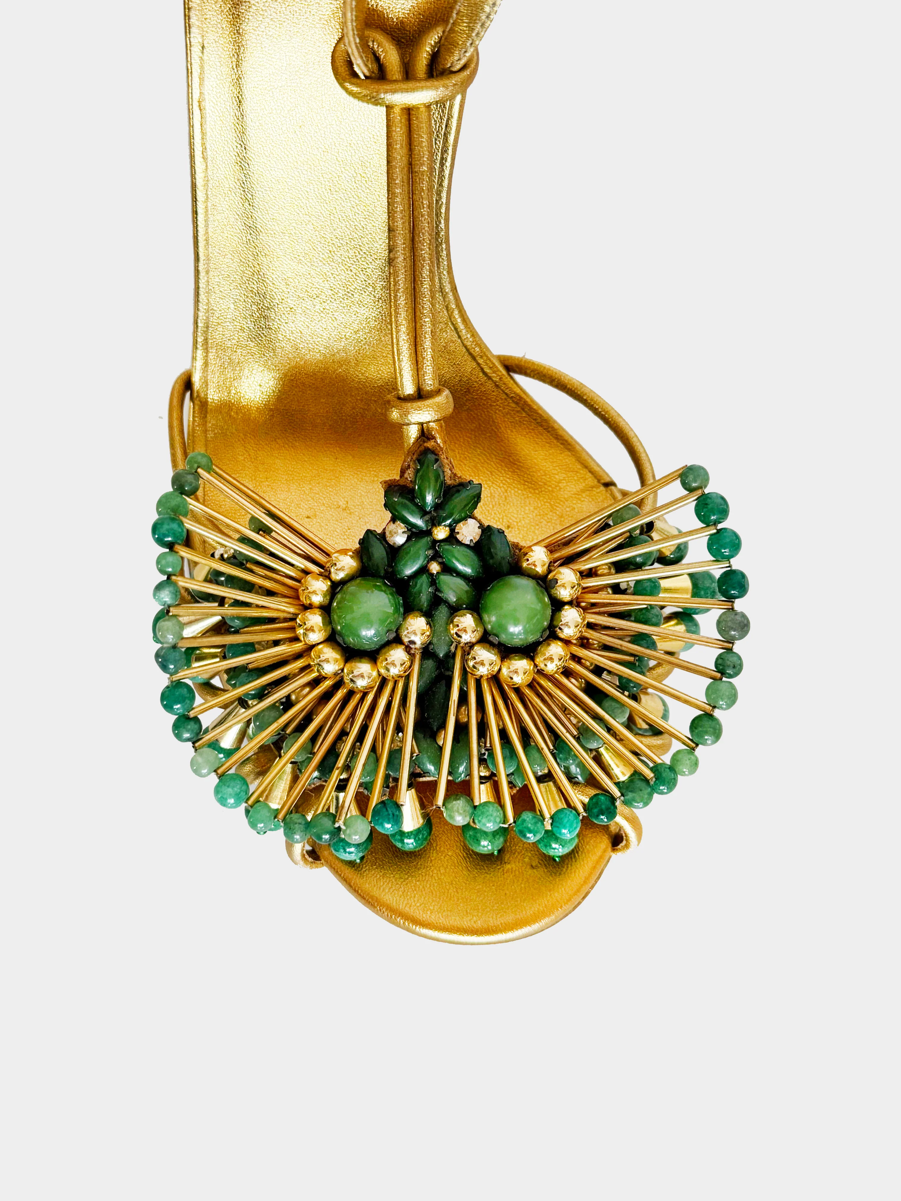 Gucci 2000s Gold Leather Phoebe Bead Embellished Heels - Image 3