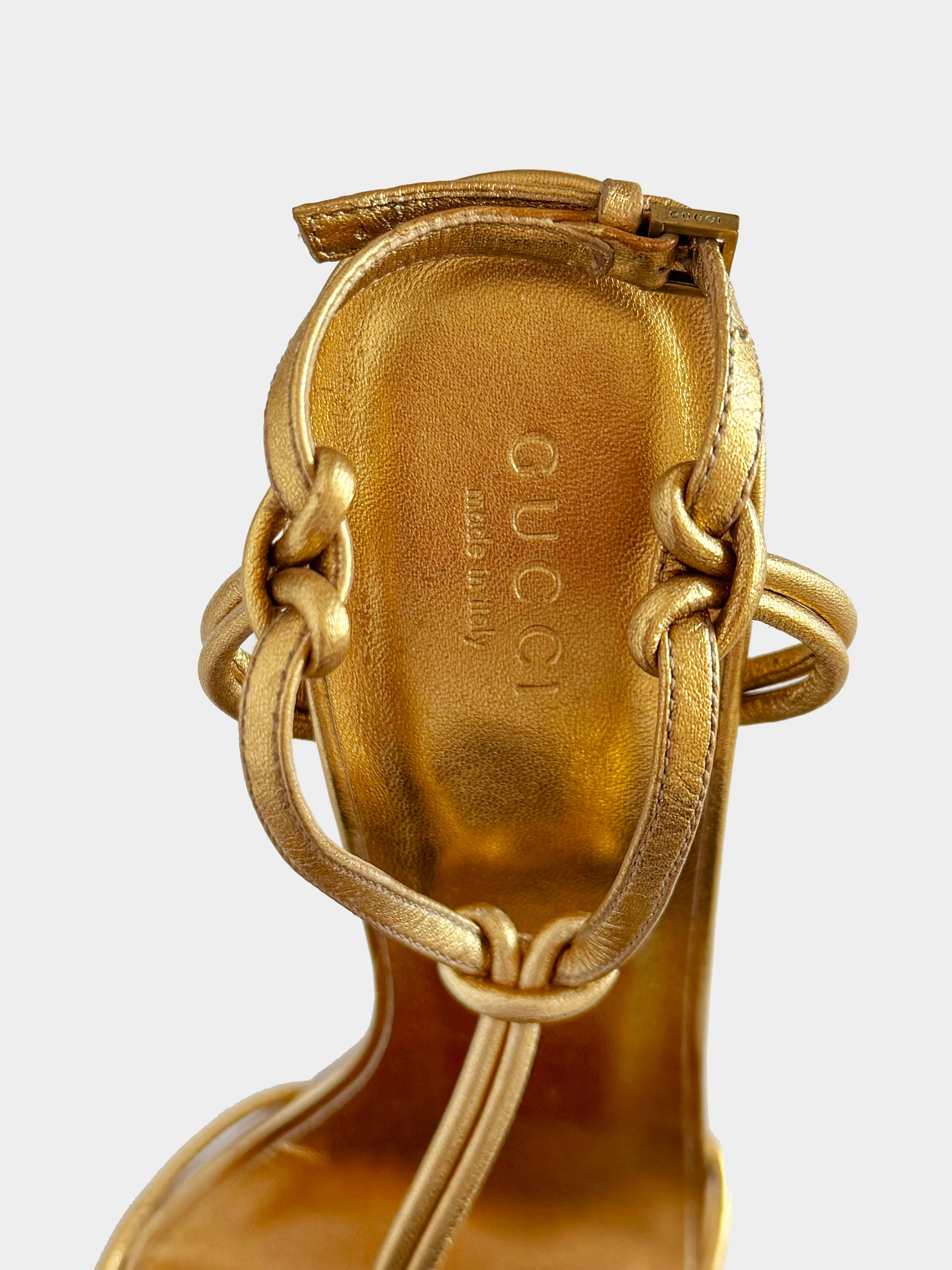 Gucci 2000s Gold Leather Phoebe Bead Embellished Heels - Image 4