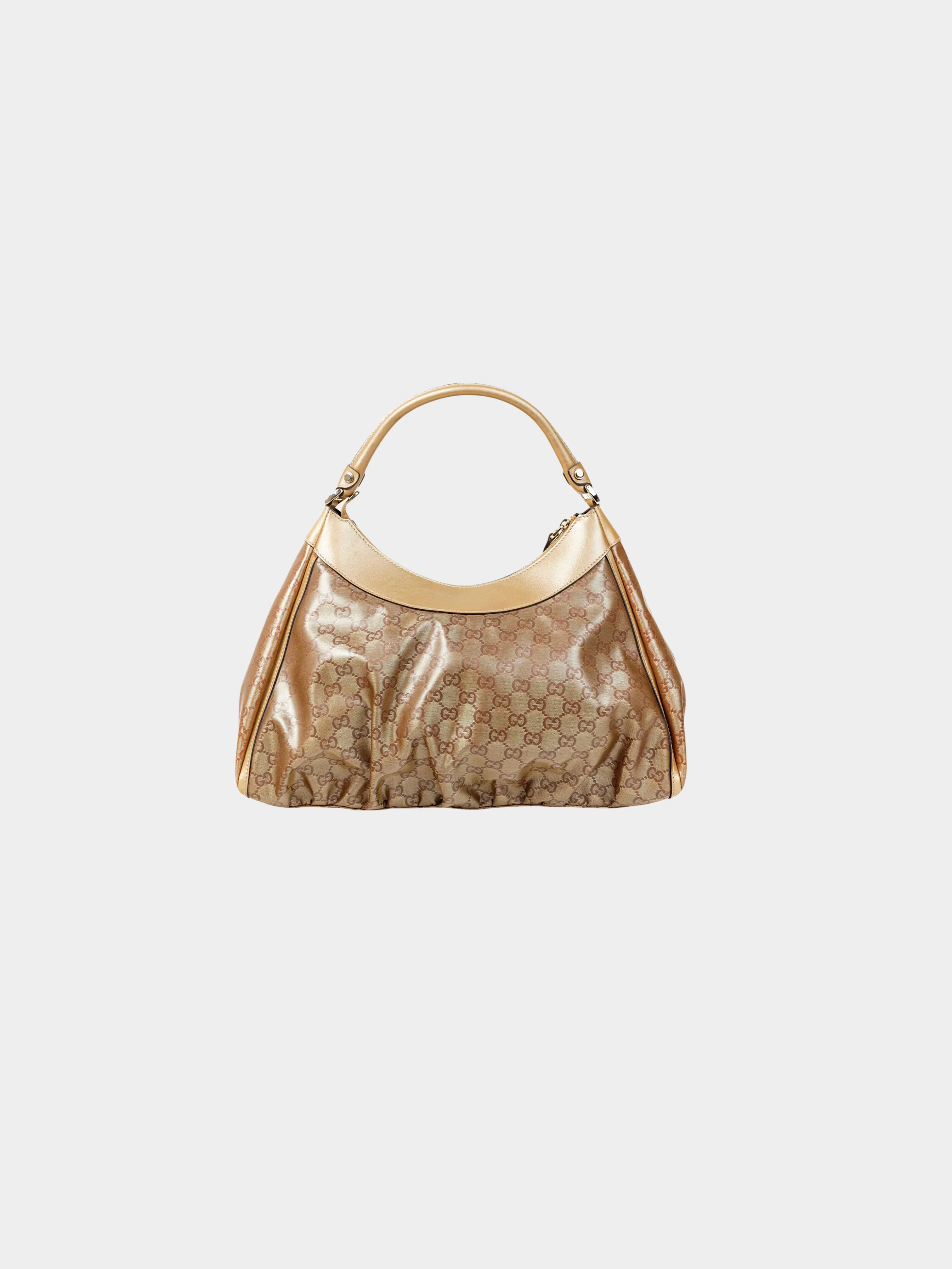 Gucci 2000s Gold Metallic Leather and Brown GG Crystal Canvas D-ring Bag - Image 2