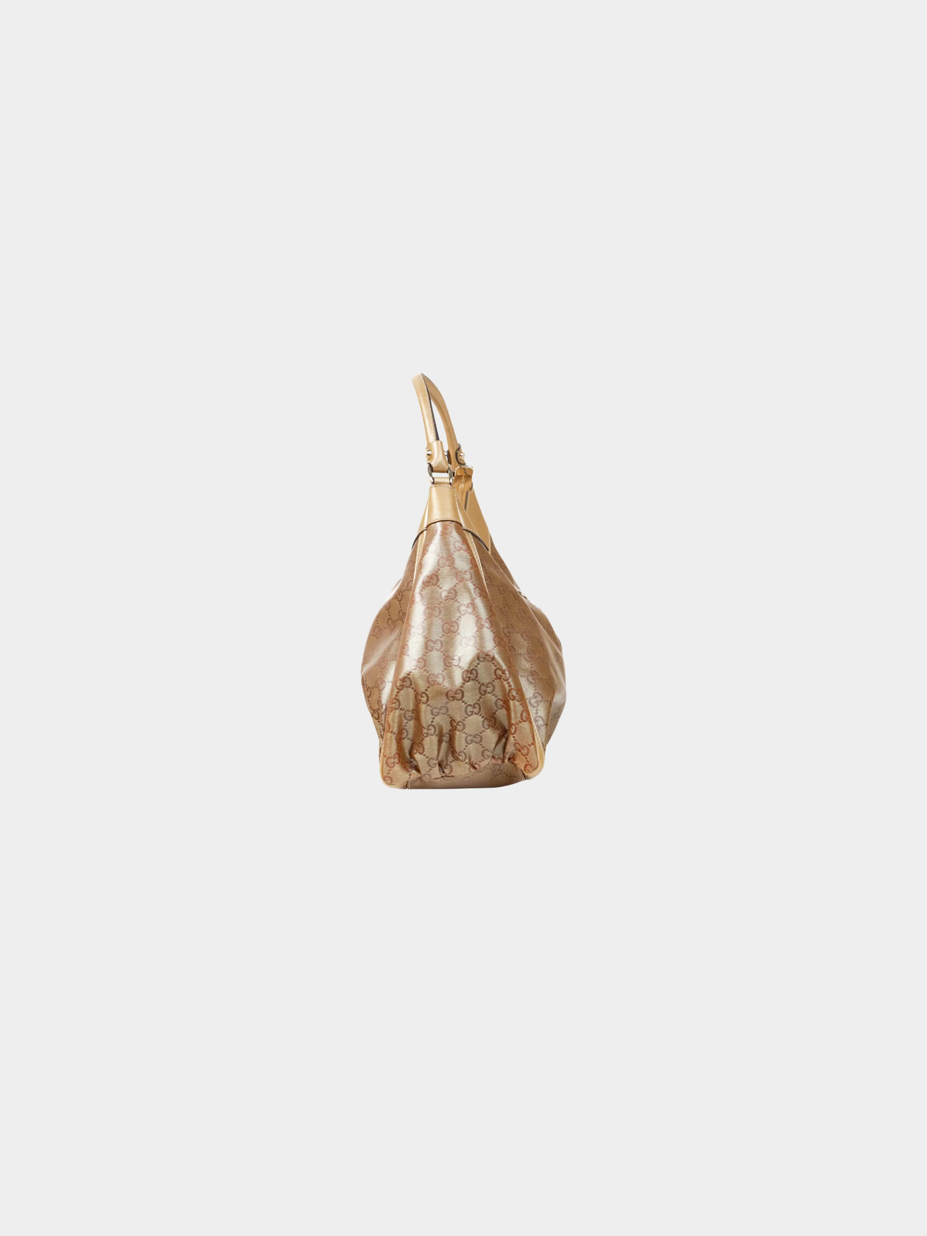 Gucci 2000s Gold Metallic Leather and Brown GG Crystal Canvas D-ring Bag - Image 3